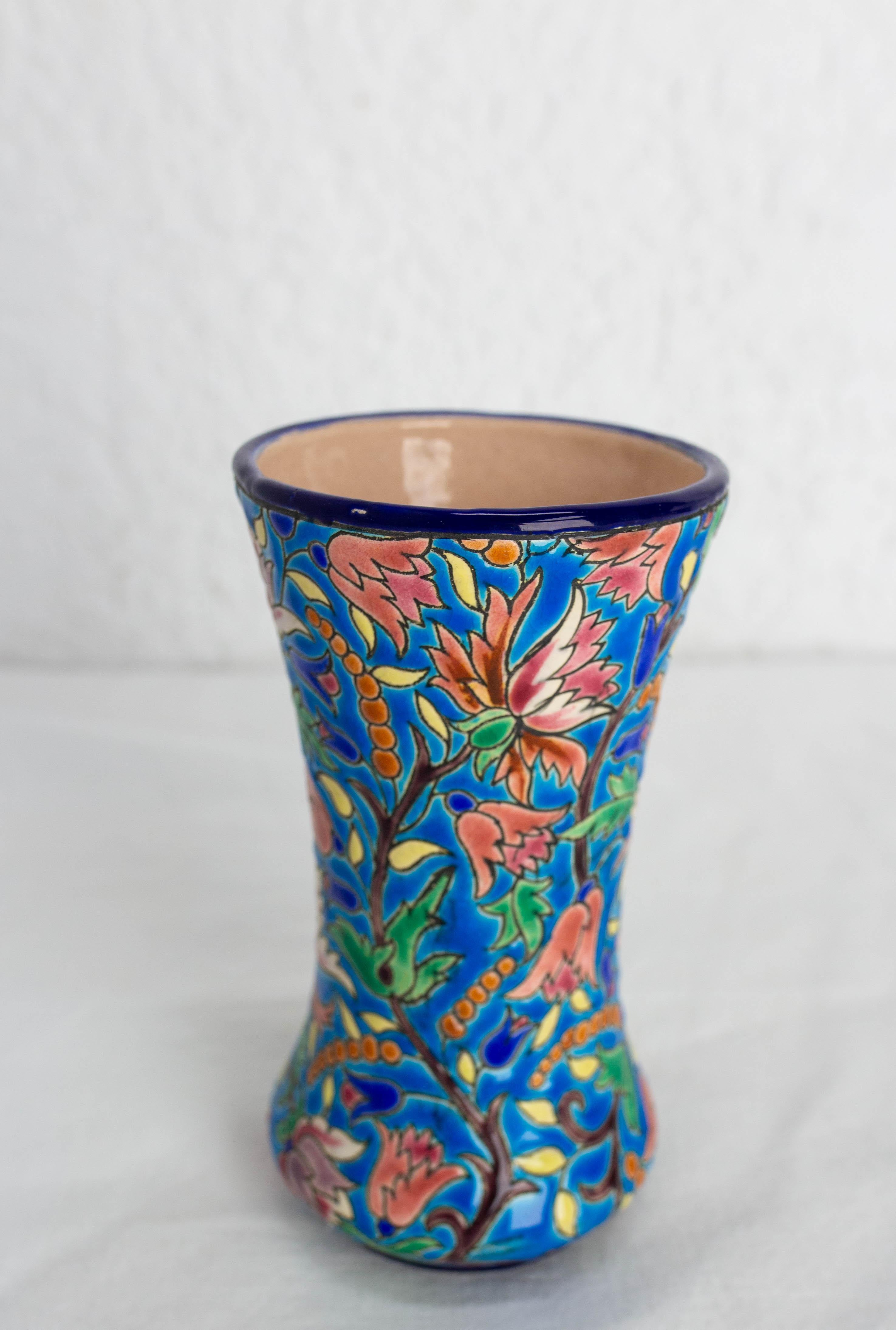 Französische emaillierte Vase Longwy Manufaktur Blau mit pflanzlichen Motiven um 1960 (Moderne der Mitte des Jahrhunderts) im Angebot
