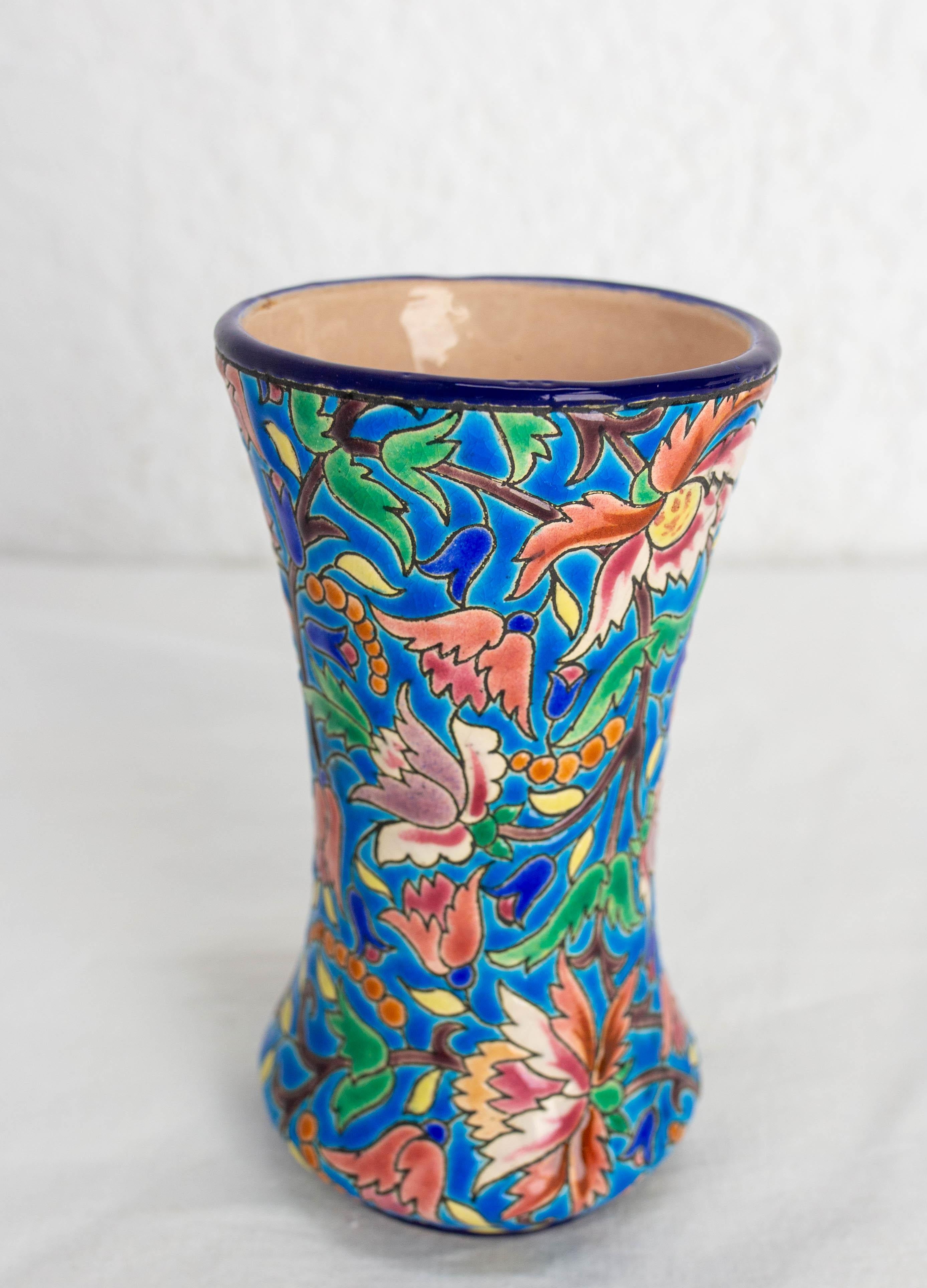 Französische emaillierte Vase Longwy Manufaktur Blau mit pflanzlichen Motiven um 1960 (Emailliert) im Angebot