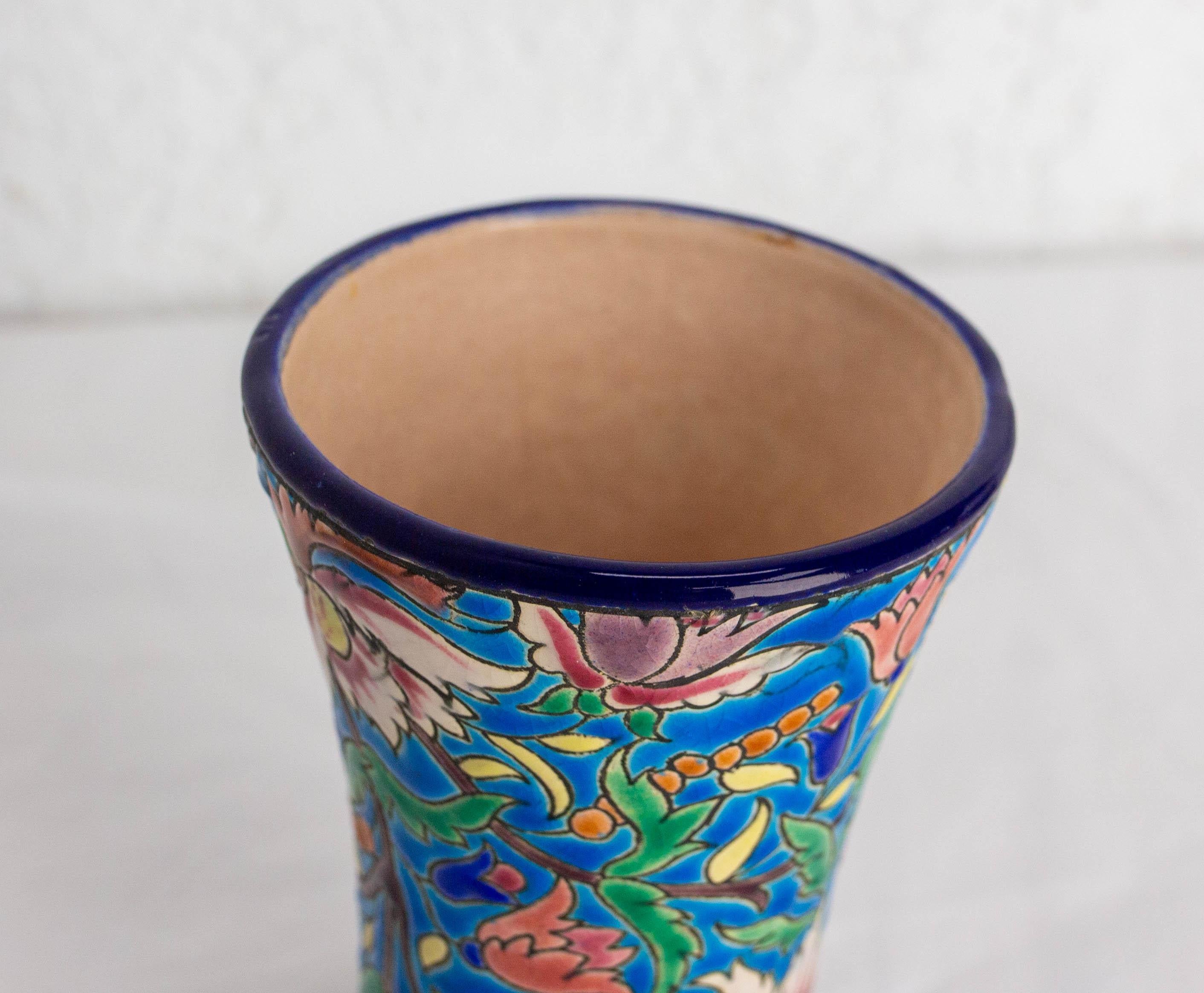 Französische emaillierte Vase Longwy Manufaktur Blau mit pflanzlichen Motiven um 1960 im Zustand „Gut“ im Angebot in Labrit, Landes
