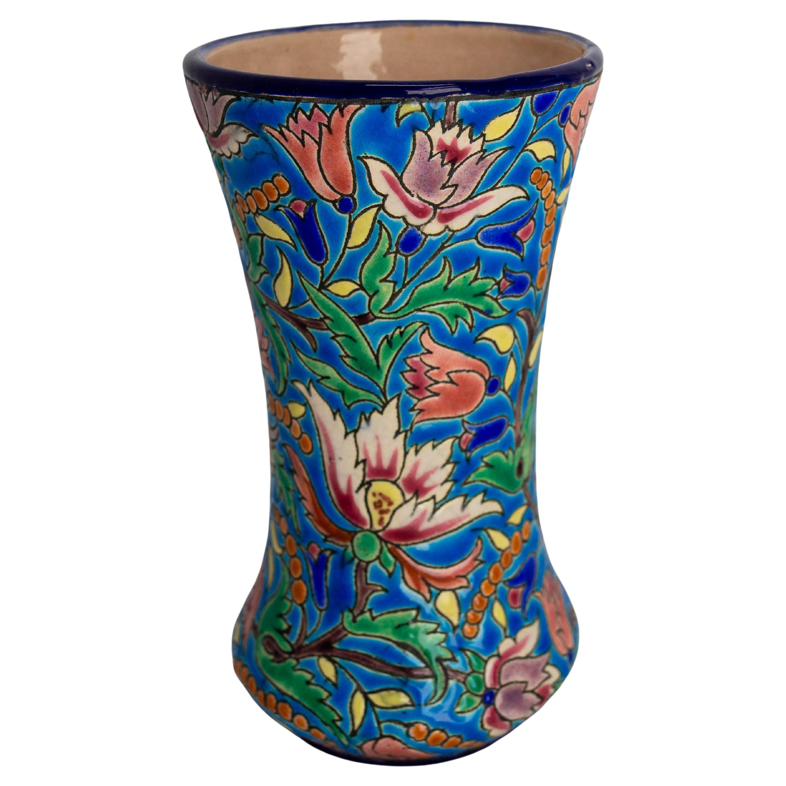 Französische emaillierte Vase Longwy Manufaktur Blau mit pflanzlichen Motiven um 1960 im Angebot