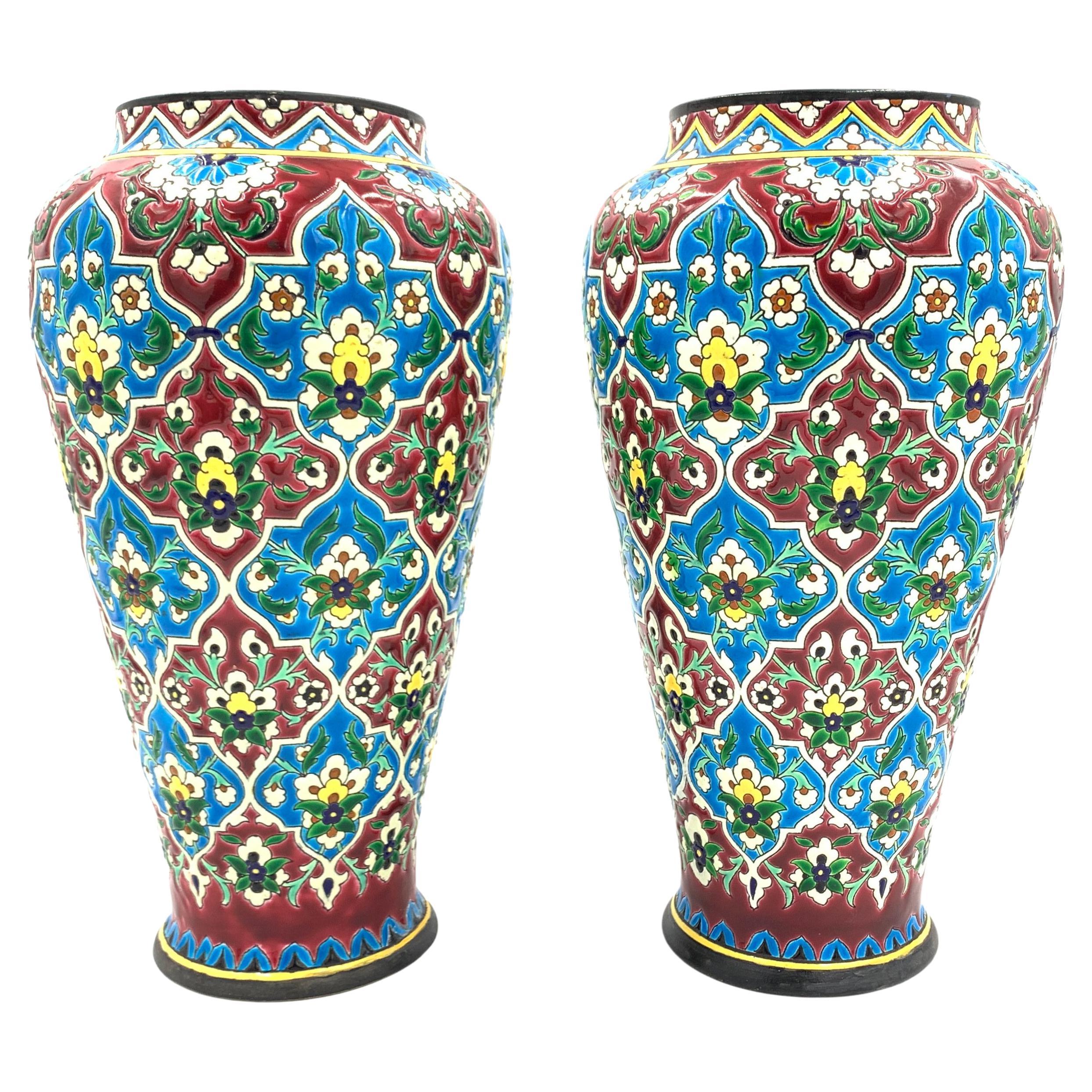 French Enamelled Faience Pair of Vases by Jules Vieillard For Sale