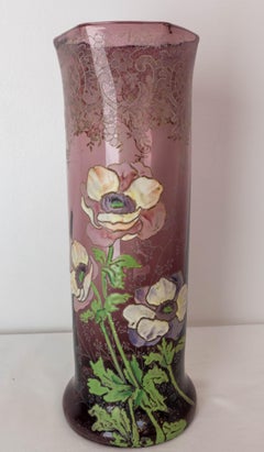 French Enamelled Glass Vase with Flowers Decoration Legras Art Nouveau, c. 1900