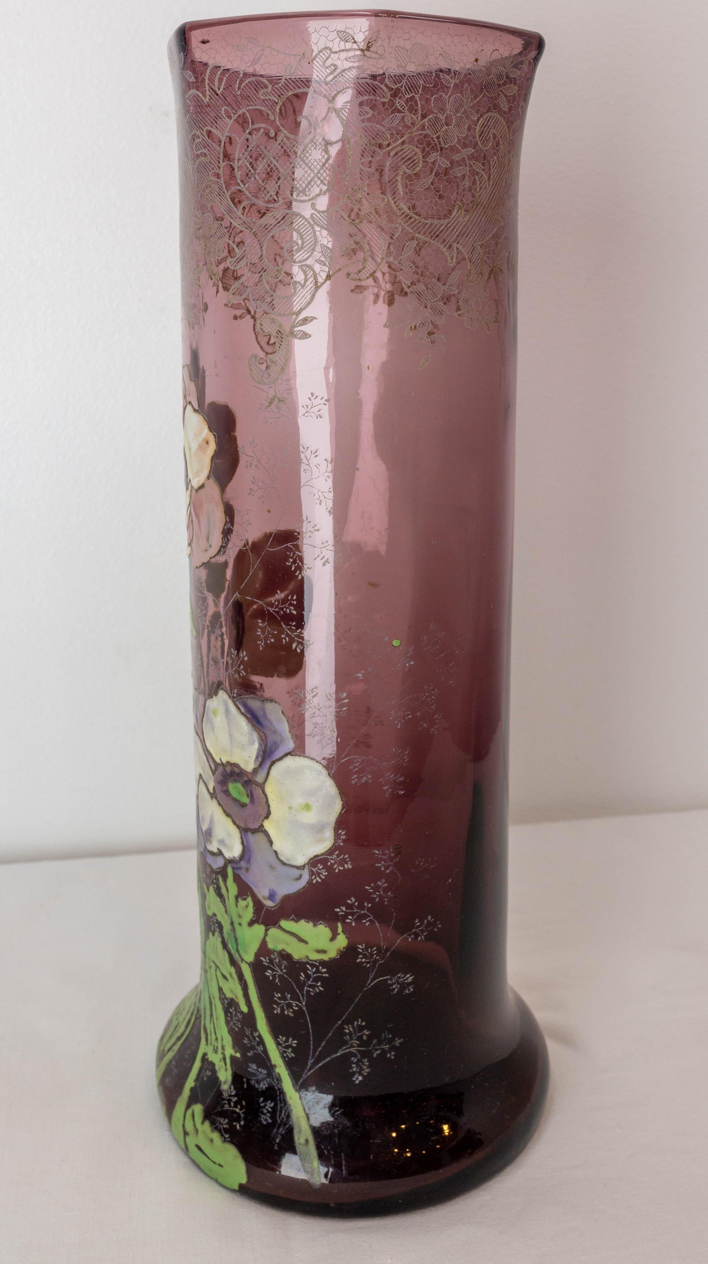 Enameled French Enamelled Glass Vase with Flowers Decoration Legras Art Nouveau, c. 1900 For Sale