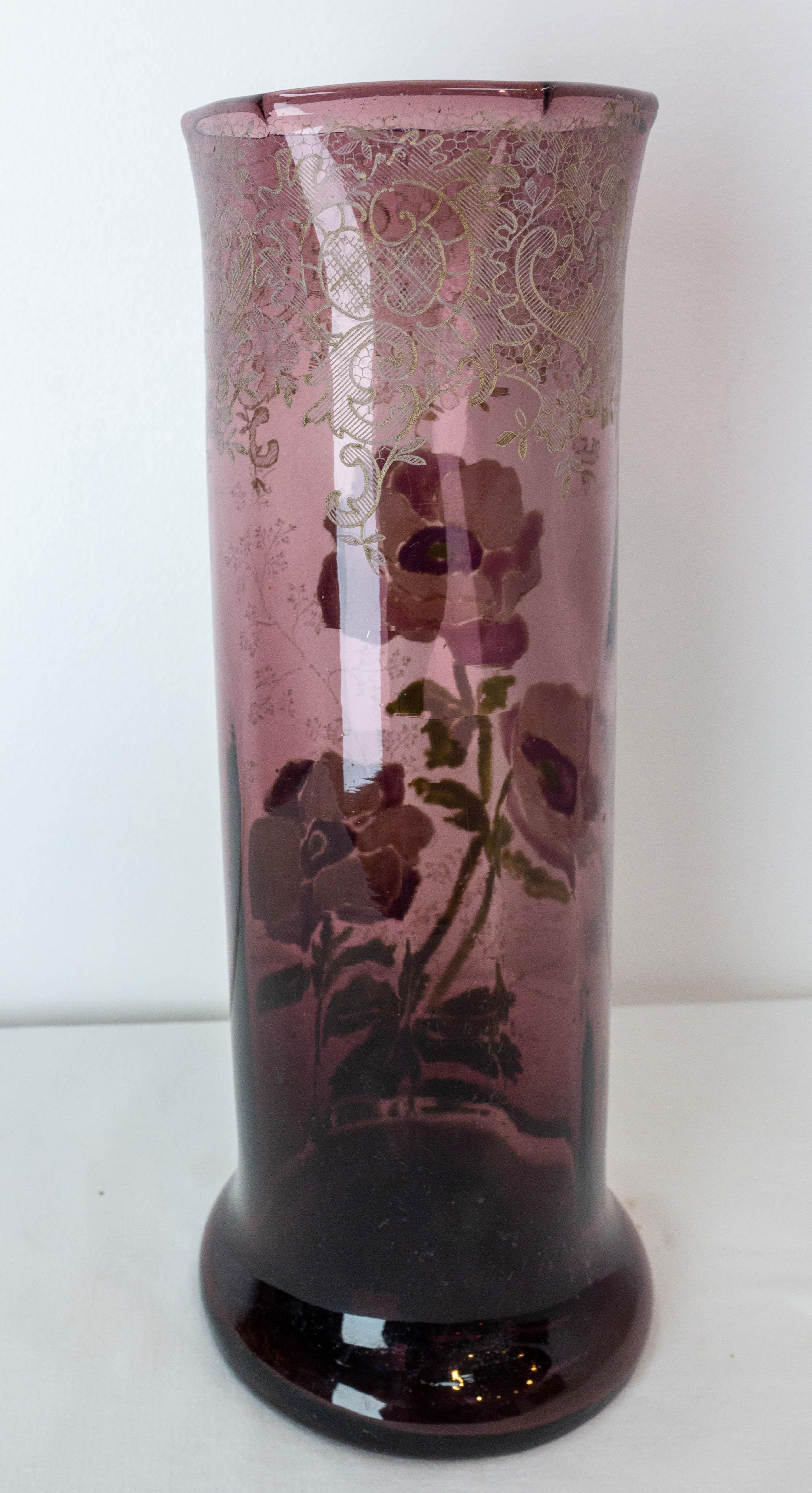 French Enamelled Glass Vase with Flowers Decoration Legras Art Nouveau, c. 1900 In Good Condition For Sale In Labrit, Landes
