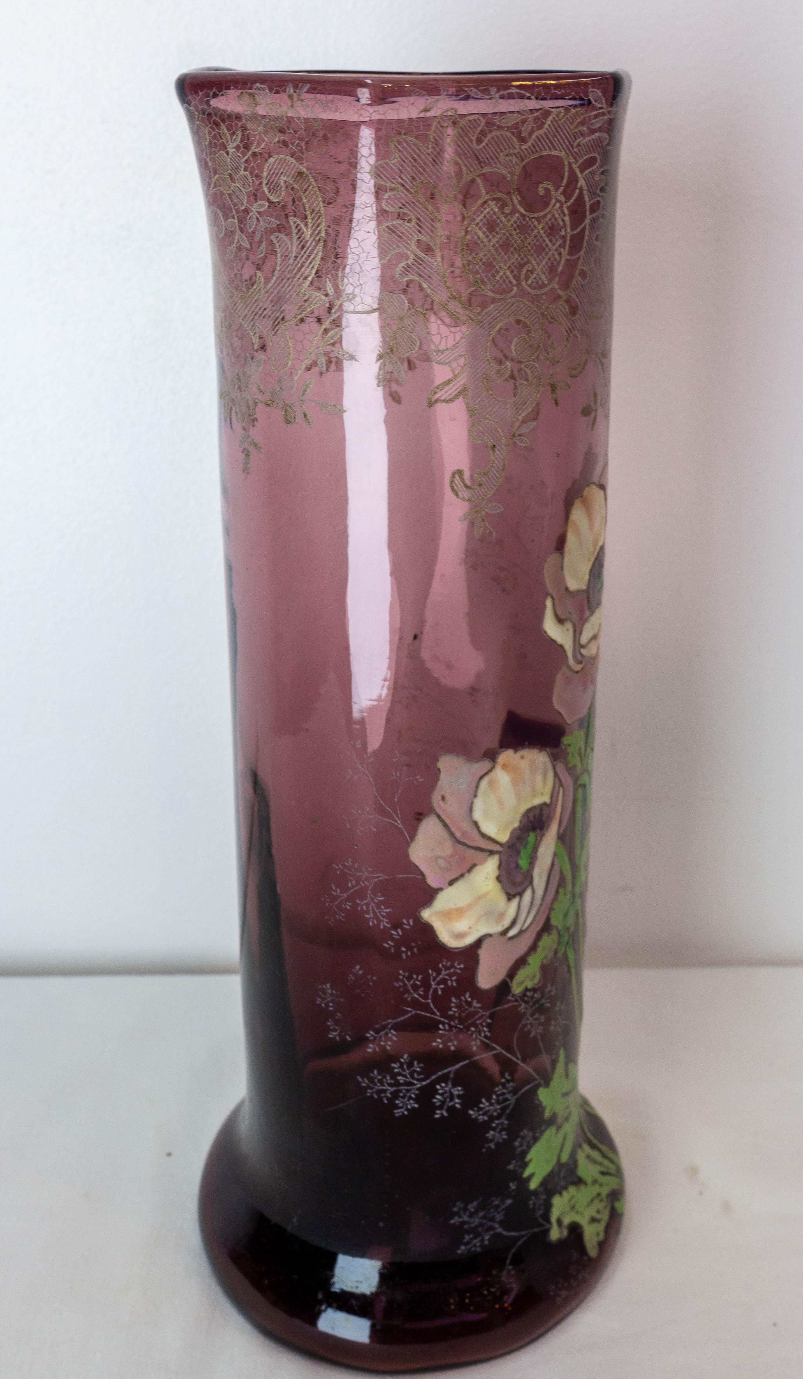 20th Century French Enamelled Glass Vase with Flowers Decoration Legras Art Nouveau, c. 1900 For Sale