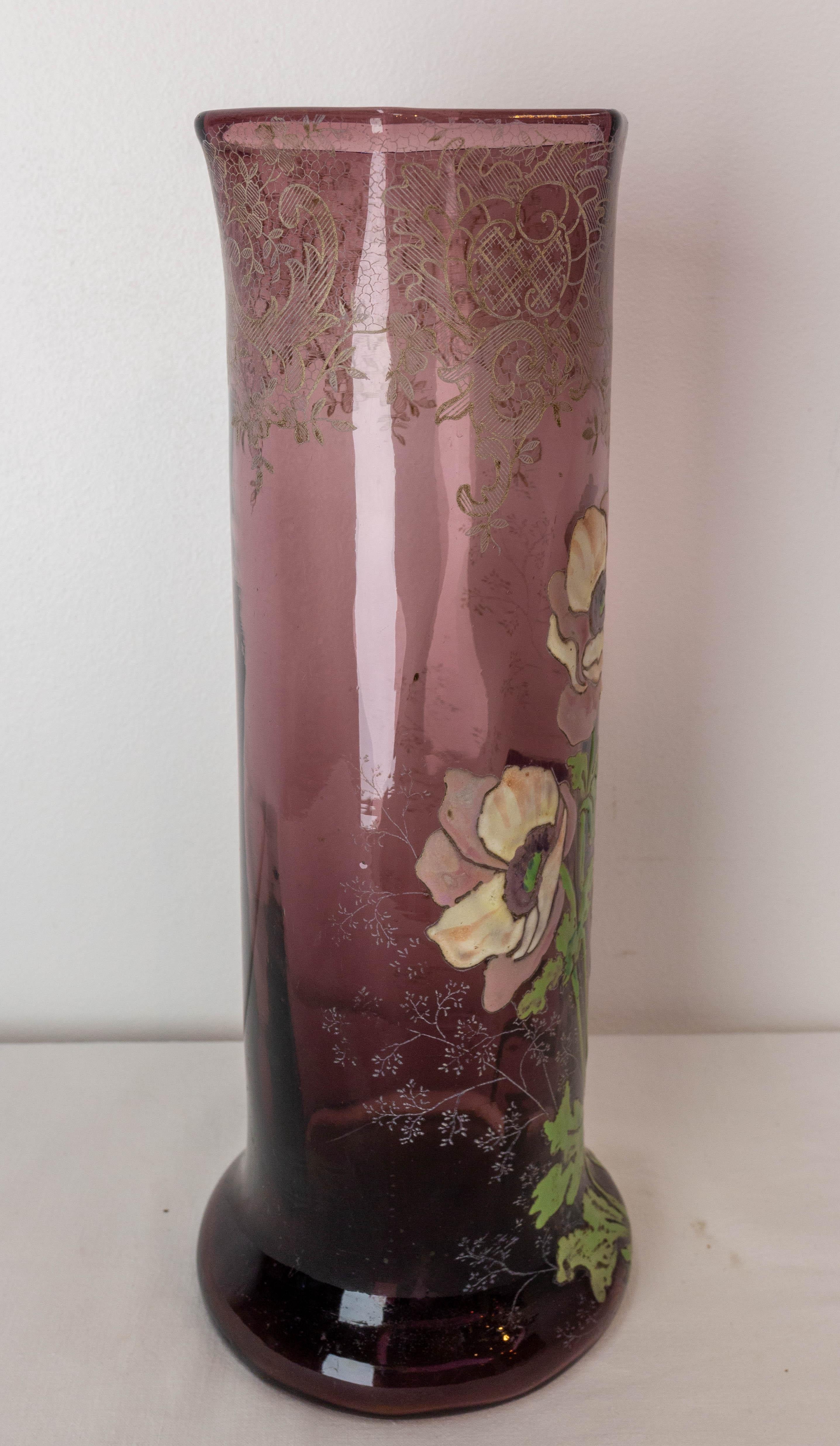French Enamelled Glass Vase with Flowers Decoration Legras Art Nouveau, c. 1900 For Sale 1