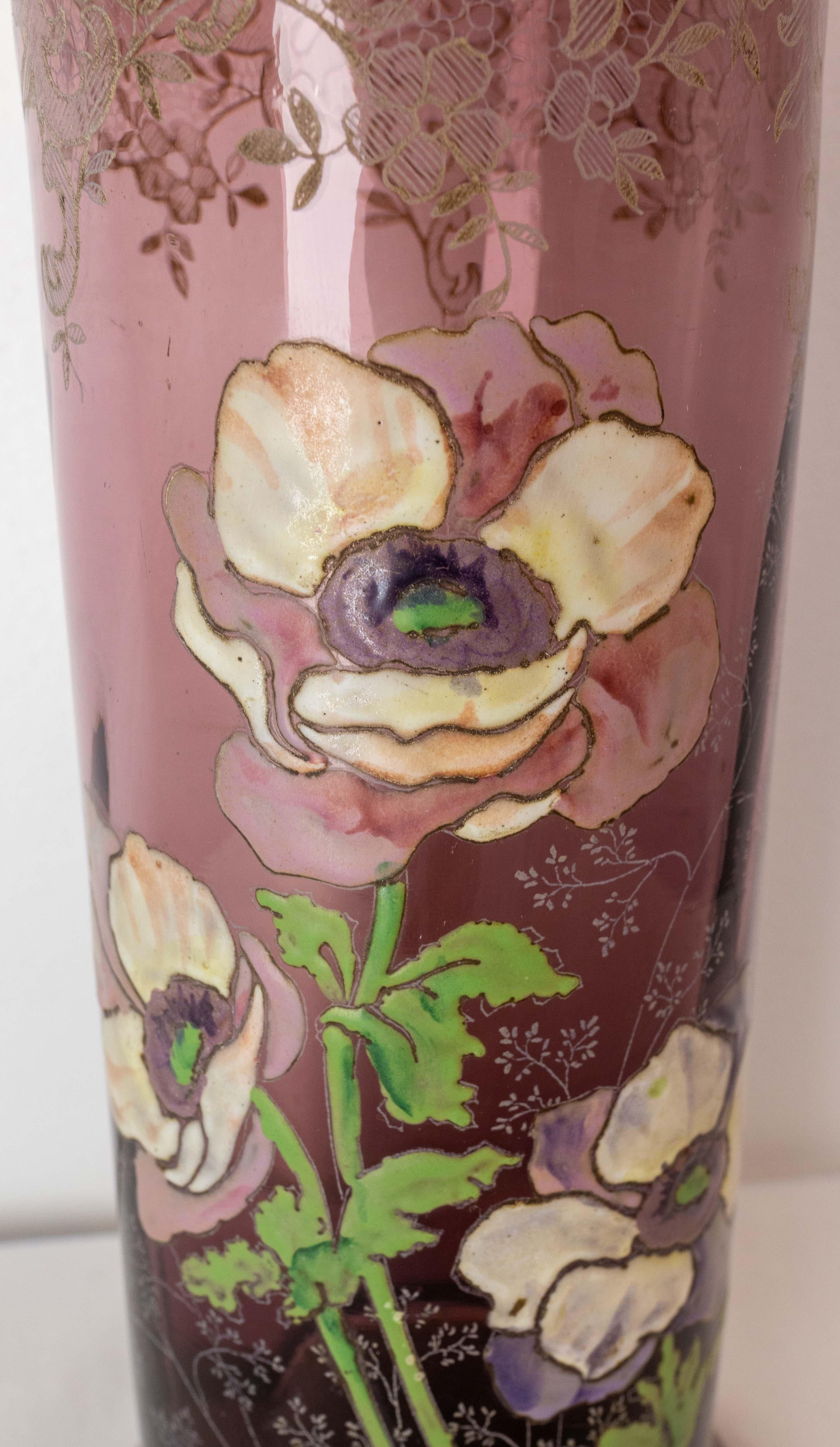20ième siècle Vase en verre émaillé français décoré de fleurs Legras Art nouveau, vers 1900 en vente