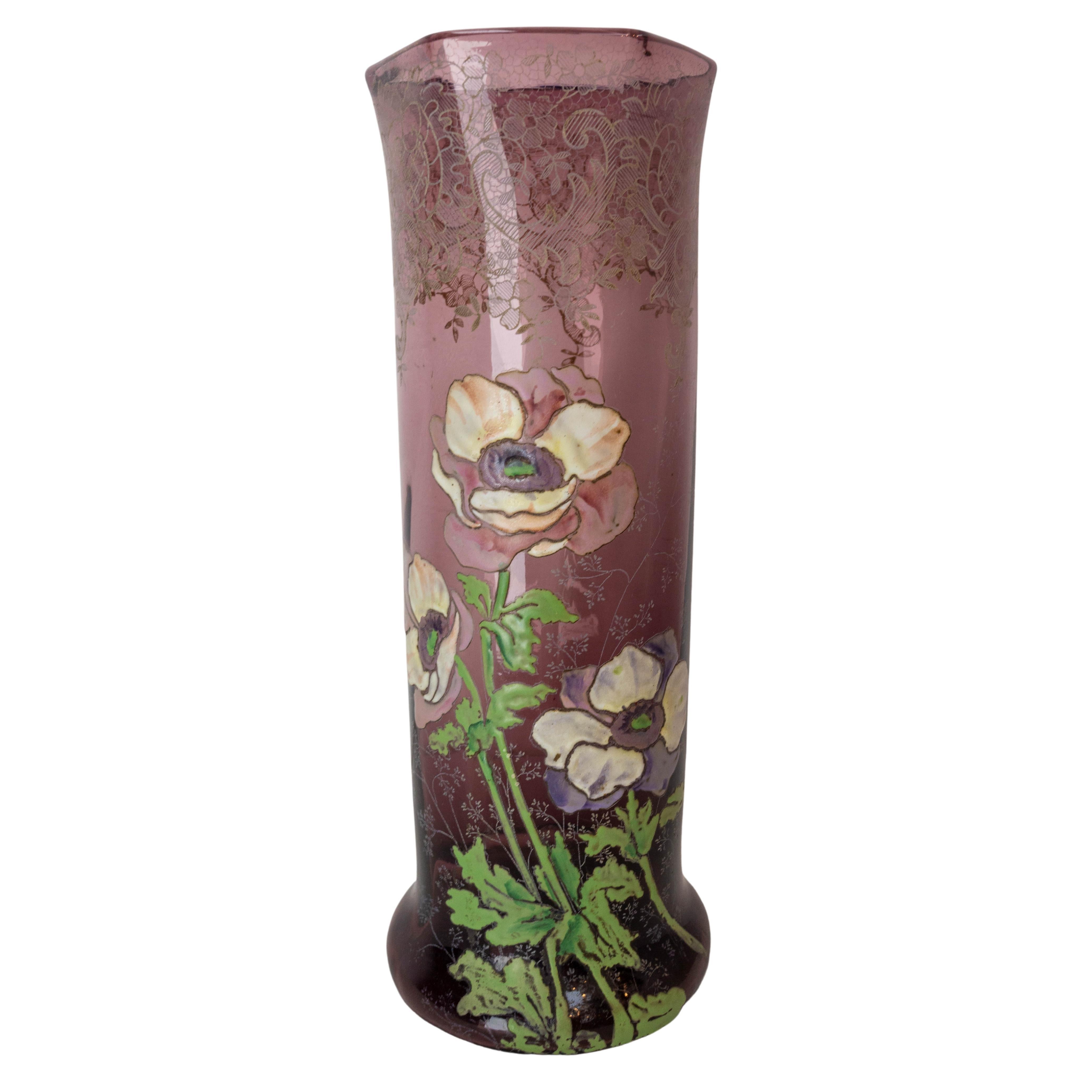 French Enamelled Glass Vase with Flowers Decoration Legras Art Nouveau, c. 1900
