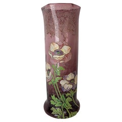 French Enamelled Glass Vase with Flowers Decoration Legras Art Nouveau, c. 1900