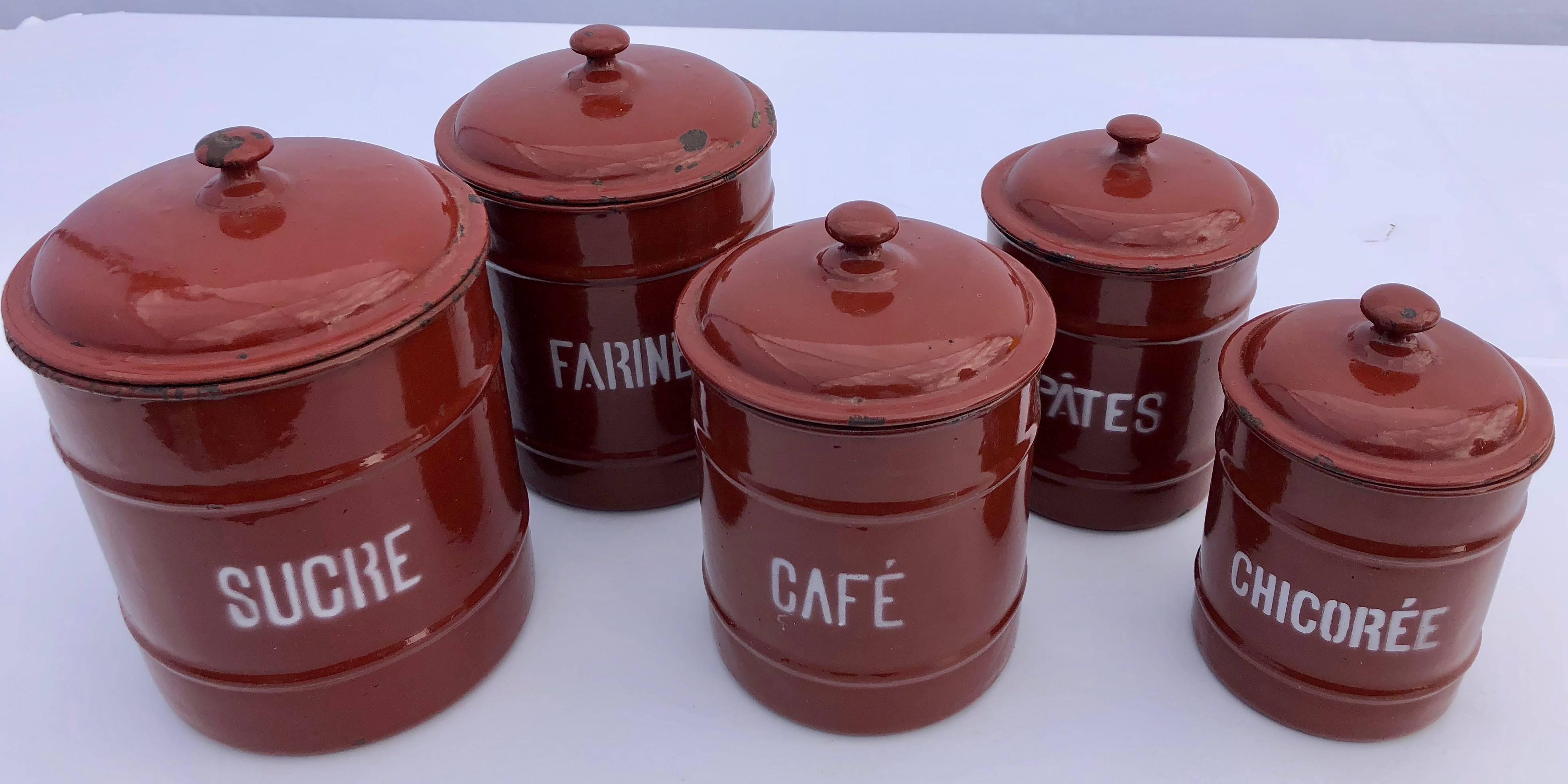 Mid-Century Modern French Enamelware Cannister Set of Five with Lids in Brown Color, Mid-1900s For Sale