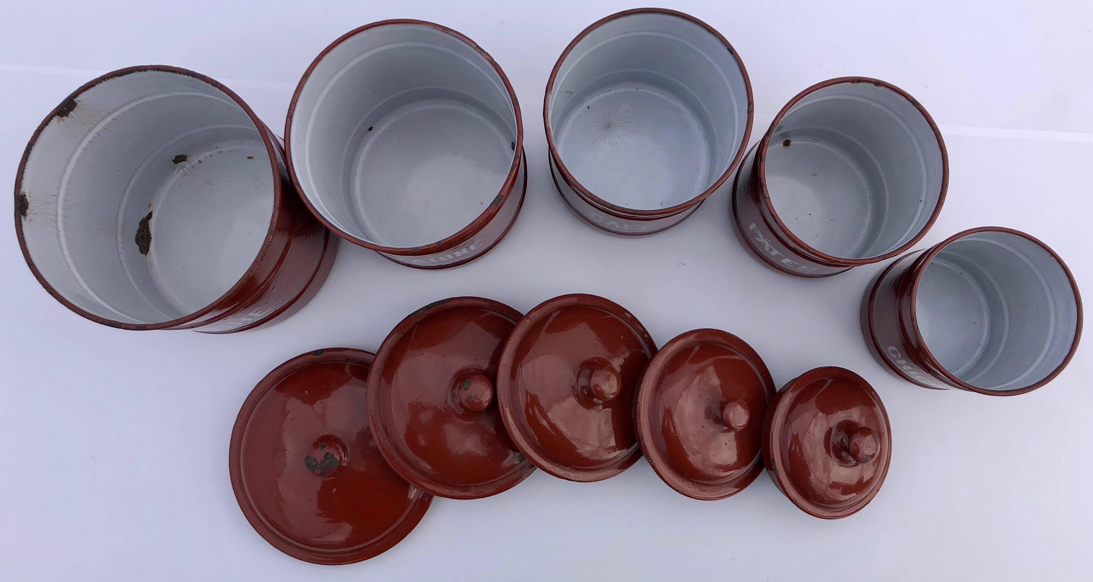 Enameled French Enamelware Cannister Set of Five with Lids in Brown Color, Mid-1900s For Sale