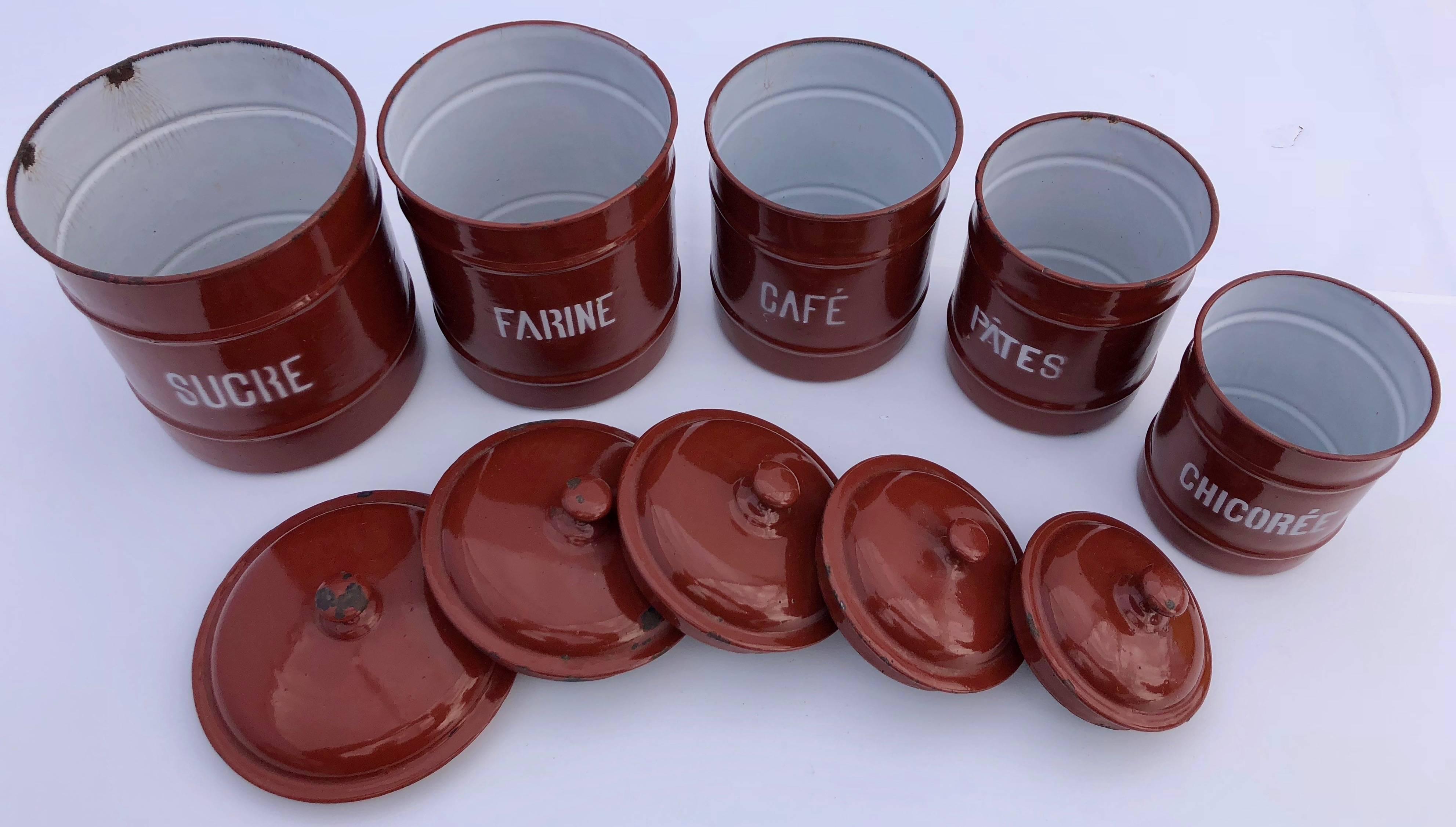 French Enamelware Cannister Set of Five with Lids in Brown Color, Mid-1900s In Good Condition For Sale In Petaluma, CA
