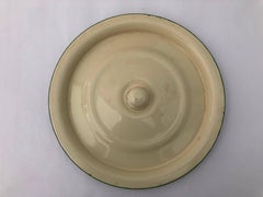 French Enamelware Large Pot and Lid, Cream with Green Trim Knob and Wood Handle