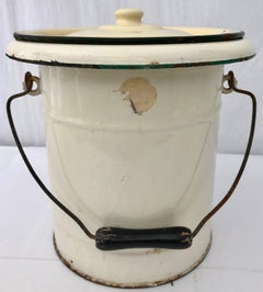 French Enamelware Large Pot and Lid, Cream with Knob Lid and Wood Handle