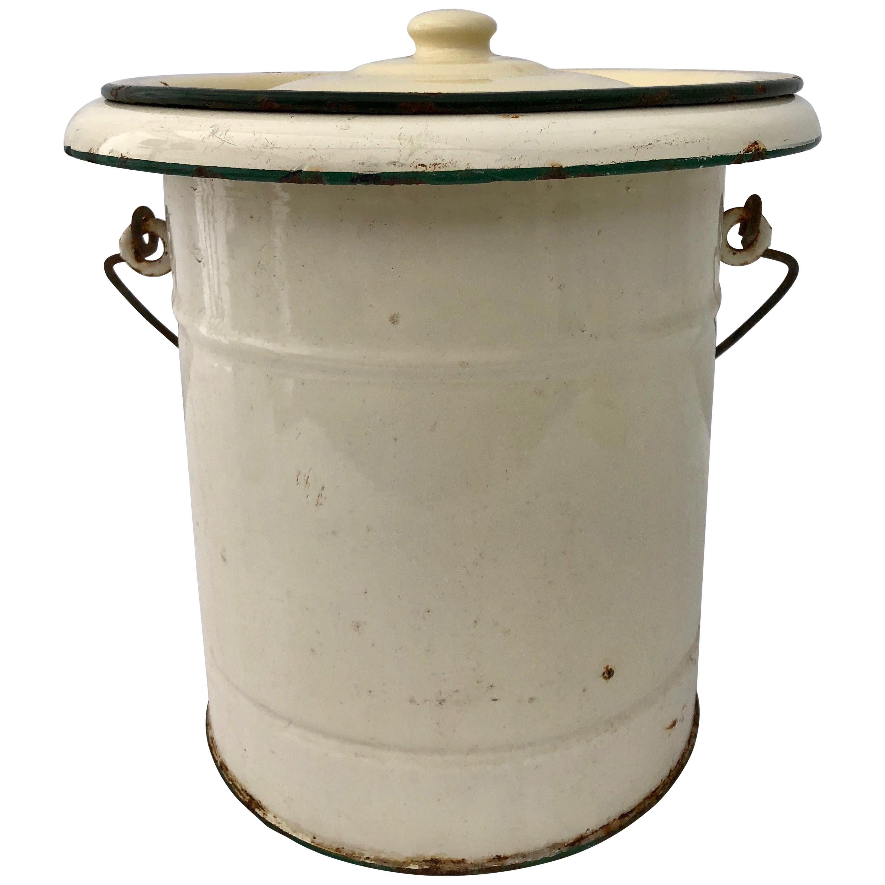 French Enamelware Large Pot and Lid, Cream with Knob Lid and Wood Handle  For Sale