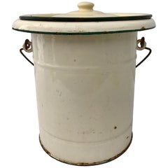 French Enamelware Large Pot and Lid, Cream with Knob Lid and Wood Handle