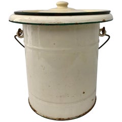 Vintage French Enamelware Large Pot and Lid, Cream with Knob Lid and Wood Handle 