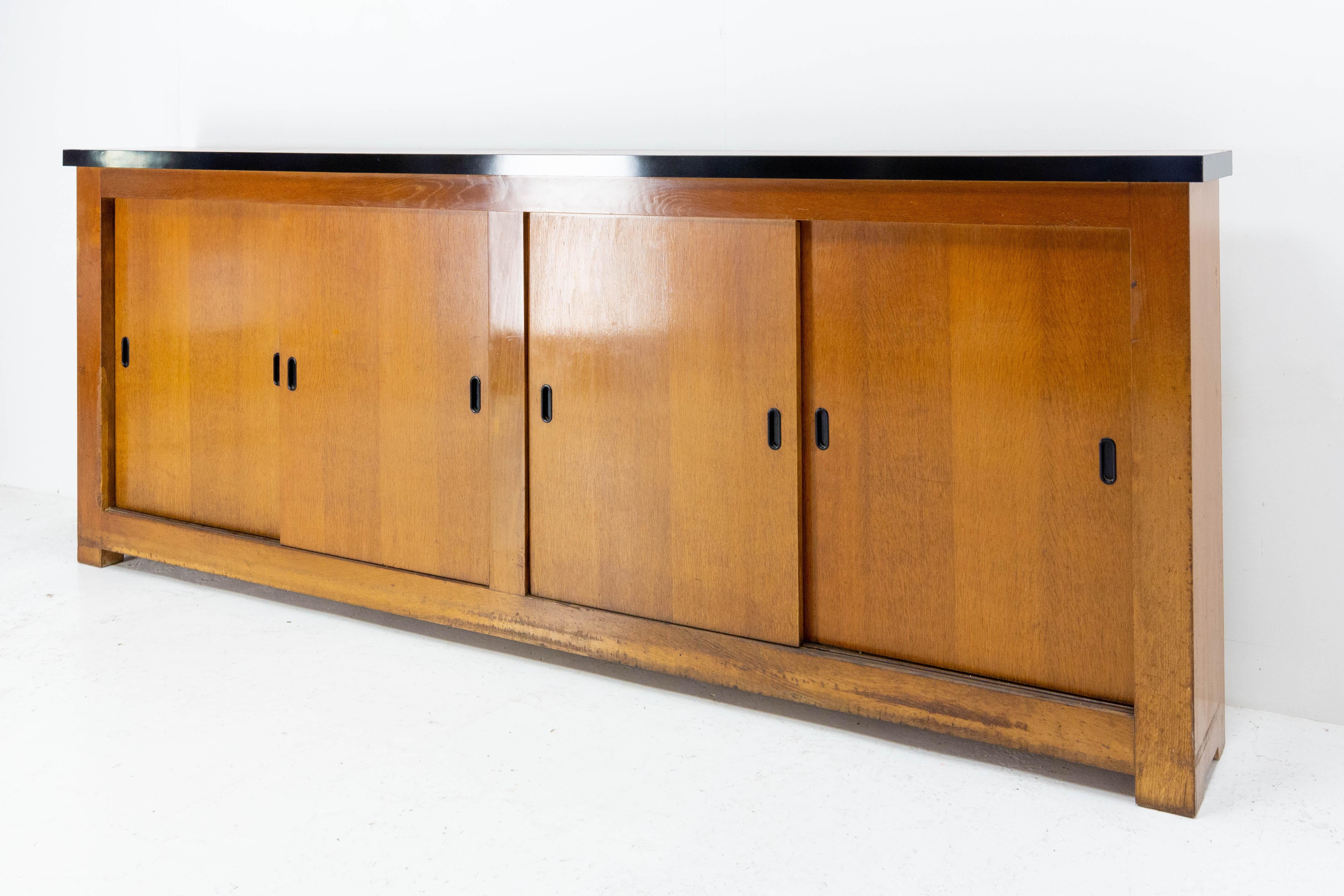 French Enfilade Sideboard Credenza Four Sliding  Doors Oak Buffet, Mid-Century For Sale 4