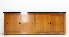French Enfilade Sideboard Credenza Four Sliding  Doors Oak Buffet, Mid-Century