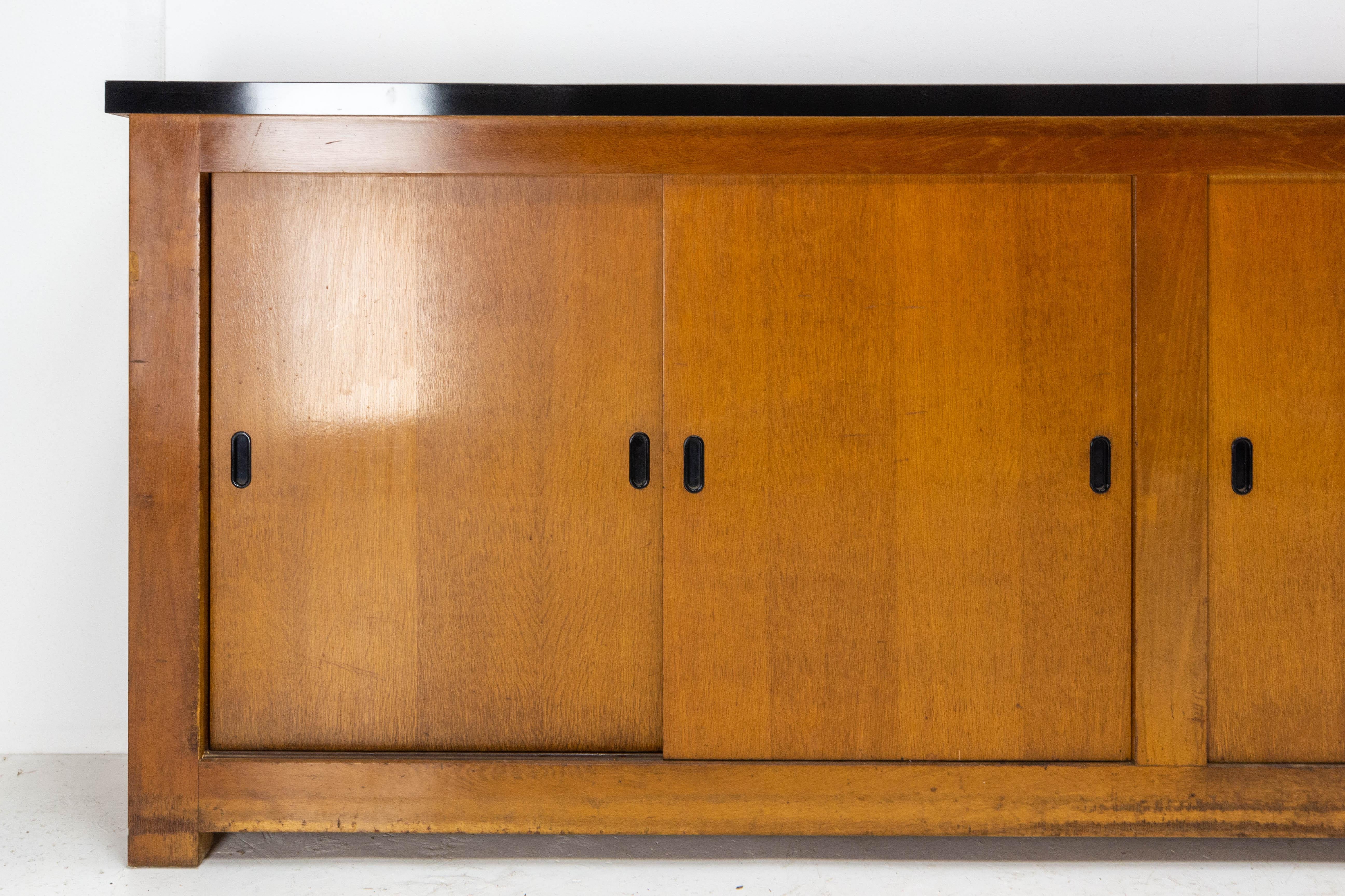 Mid-Century Modern French Enfilade Sideboard Credenza Four Sliding  Doors Oak Buffet, Mid-Century For Sale