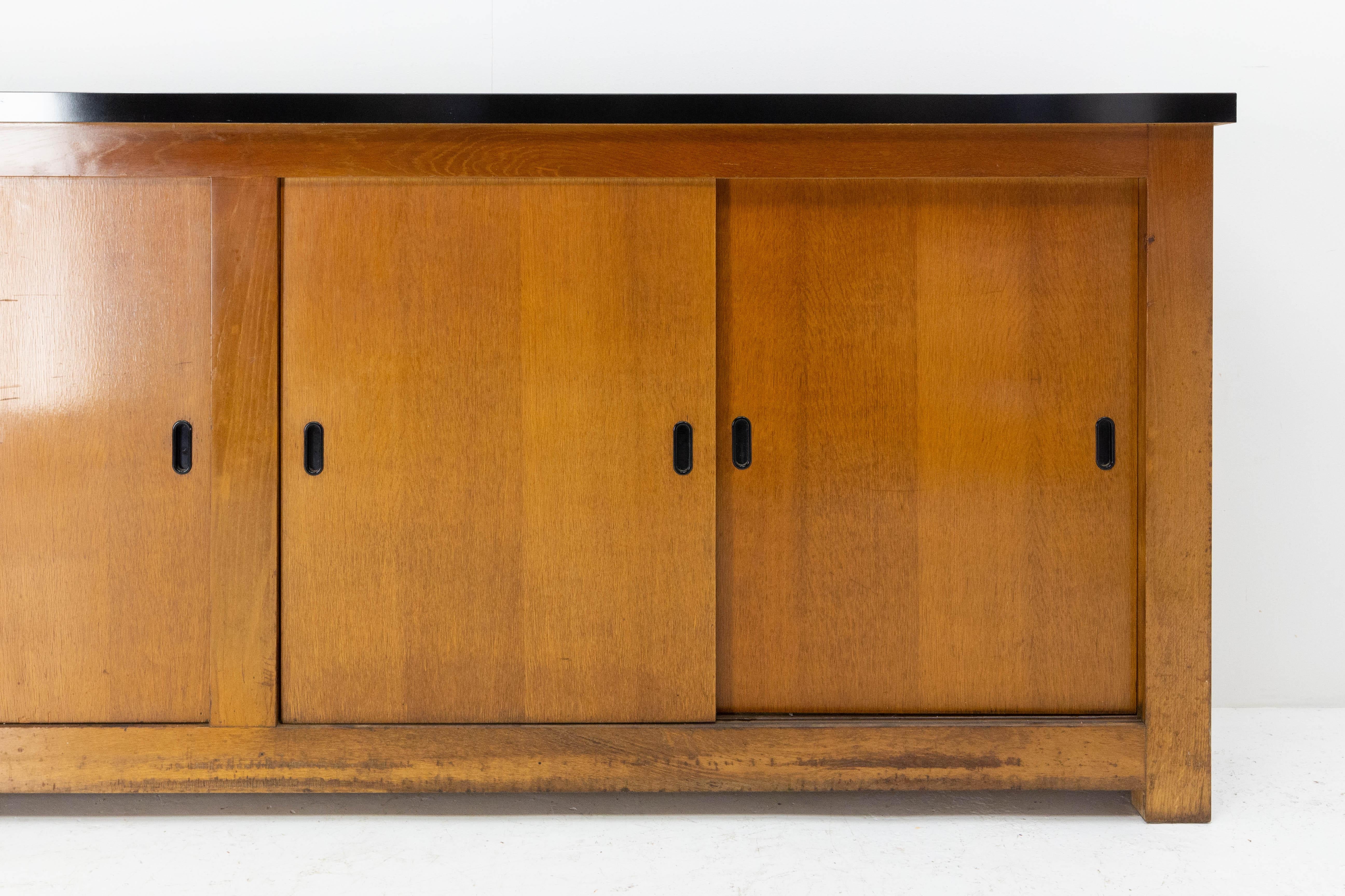 Italian French Enfilade Sideboard Credenza Four Sliding  Doors Oak Buffet, Mid-Century For Sale