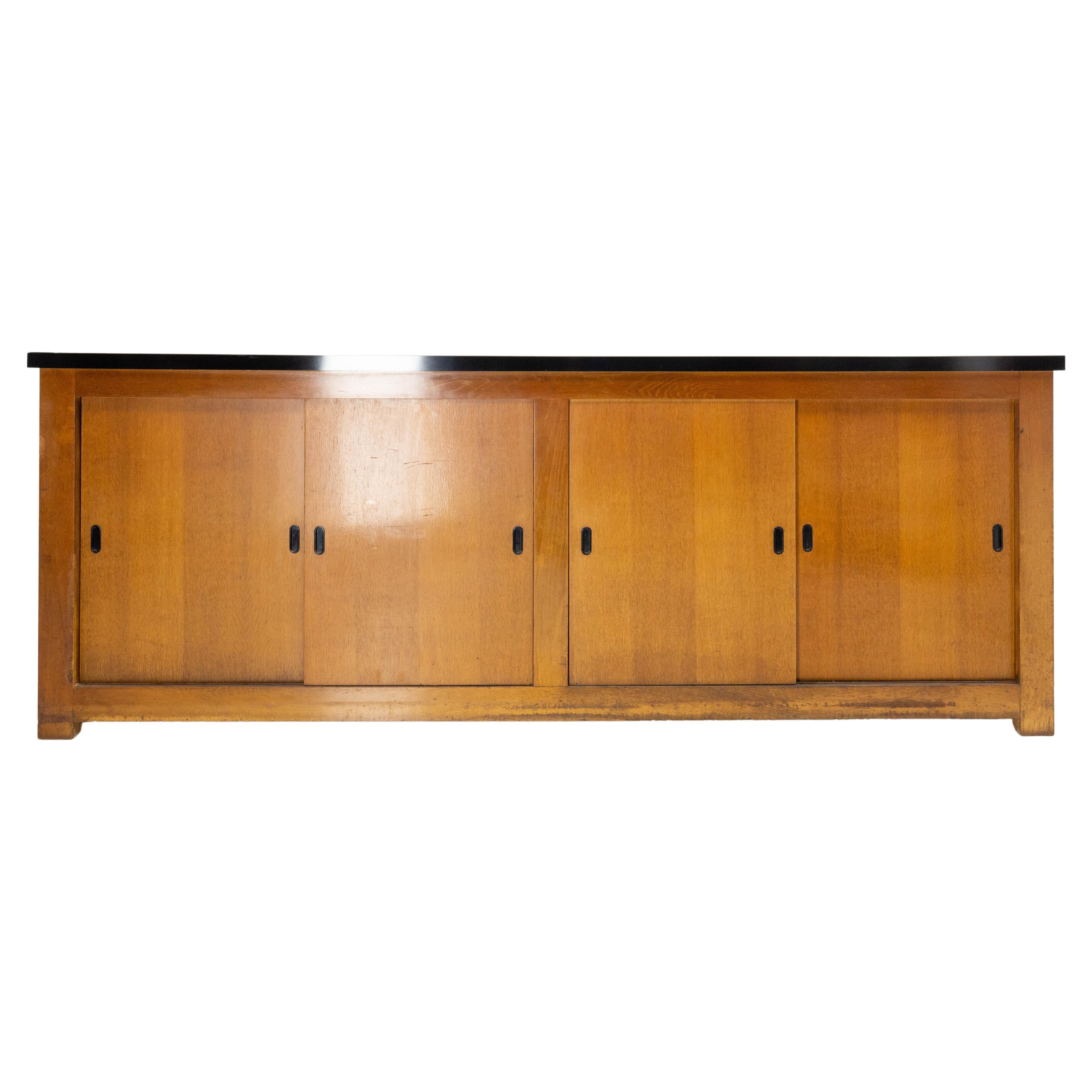 French Enfilade Sideboard Credenza Four Sliding  Doors Oak Buffet, Mid-Century For Sale