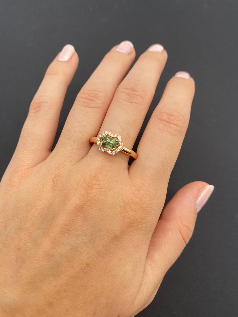 Modern French Engagement Ring Green Sapphire Diamonds Rose Gold For Sale