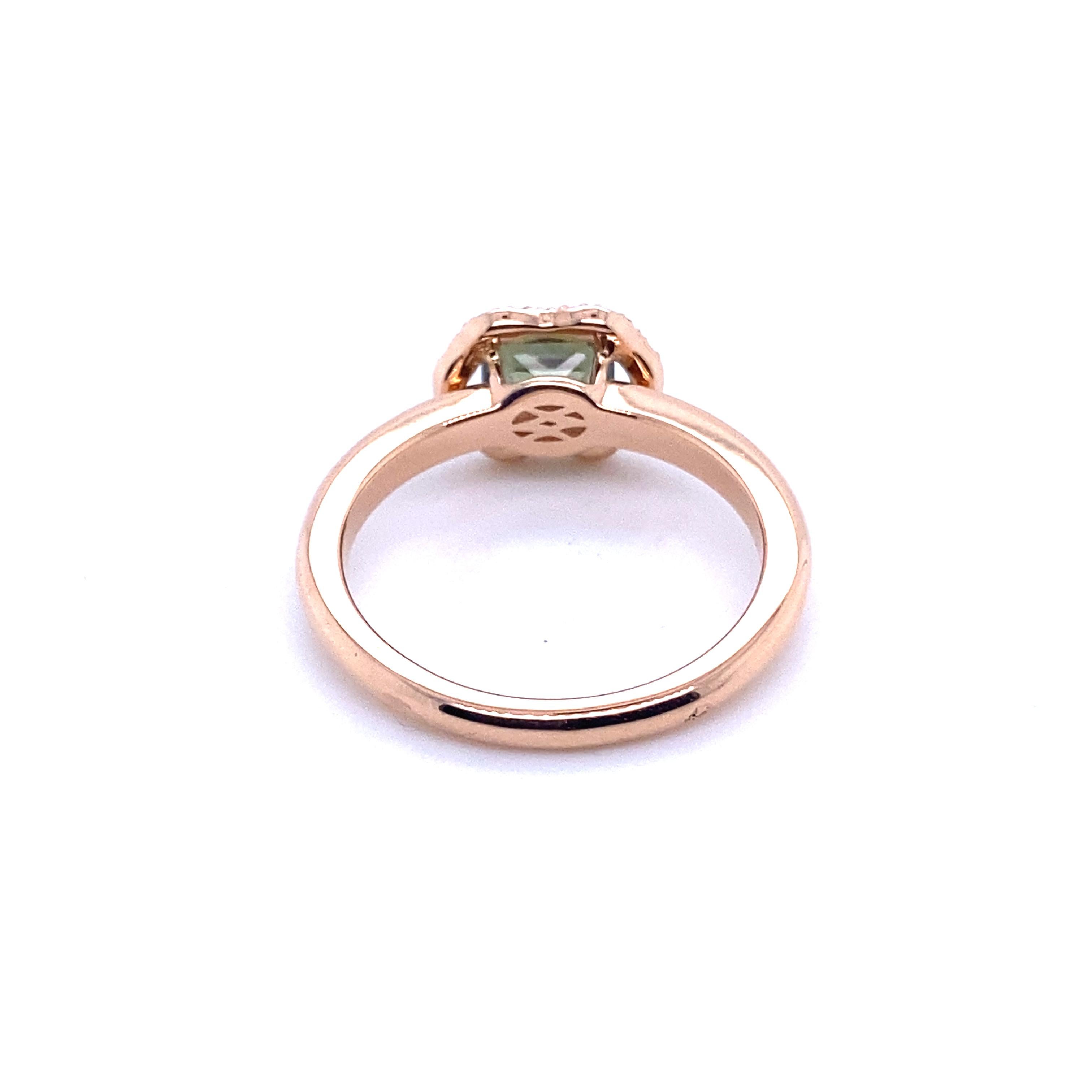 French Engagement Ring Green Sapphire Diamonds Rose Gold In New Condition For Sale In Vannes, FR