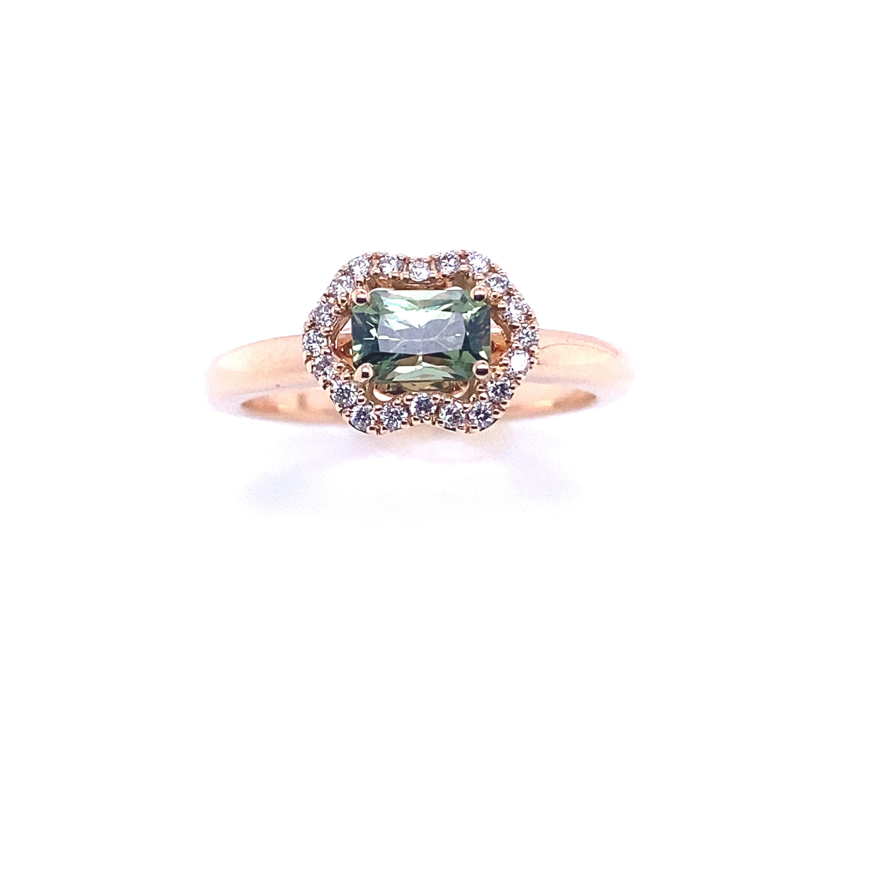 Women's French Engagement Ring Green Sapphire Diamonds Rose Gold For Sale