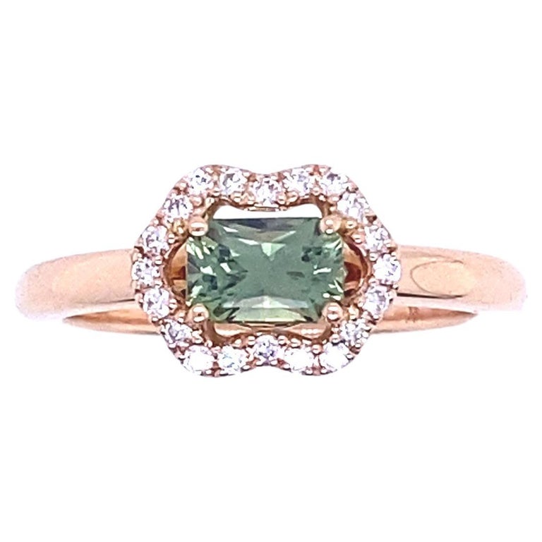 French Engagement Ring Green Sapphire Diamonds Rose Gold For Sale