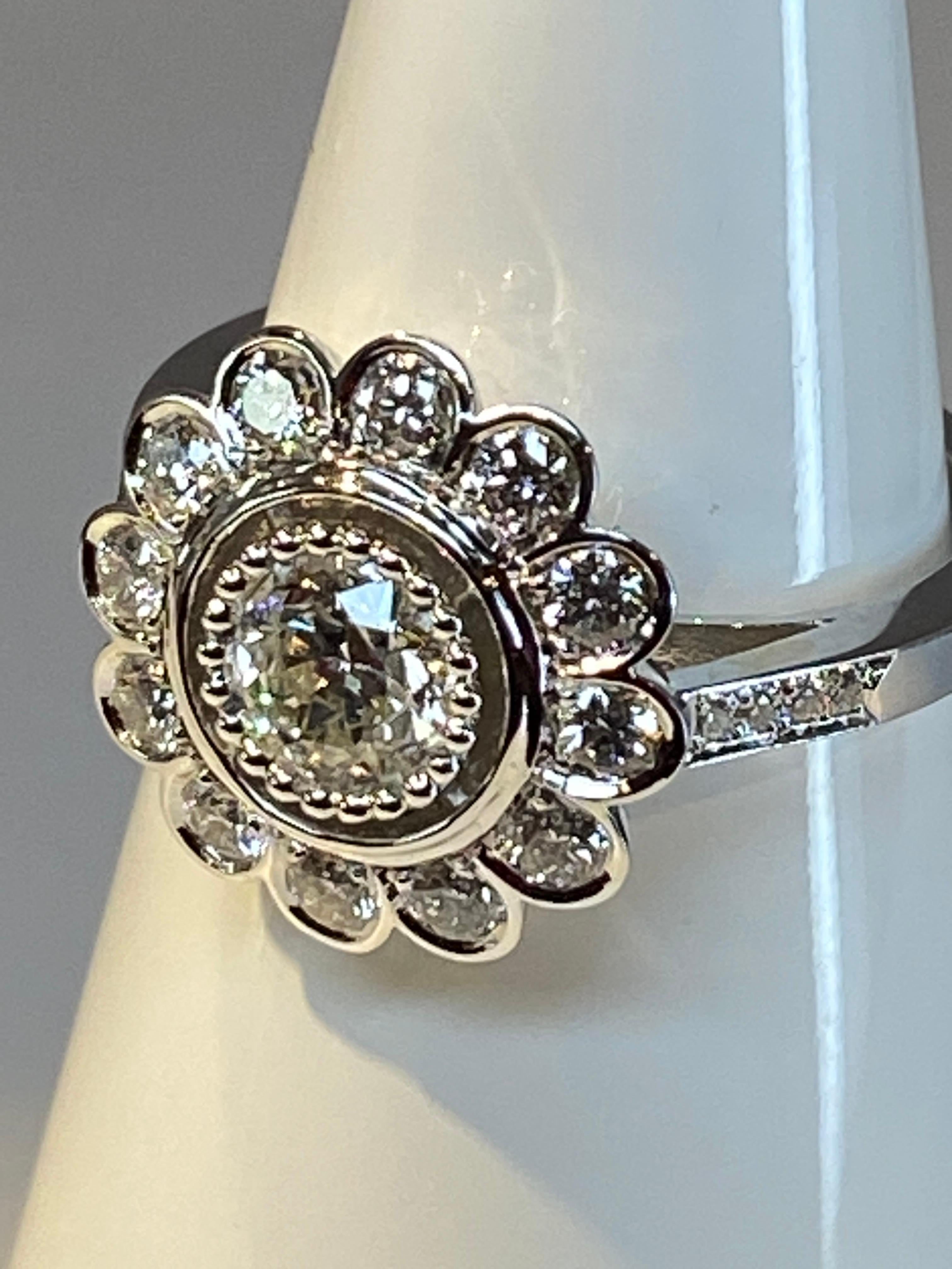 Women's or Men's French Engagement Ring in 18 Carat Gold, Flower Model Set with Diamonds For Sale