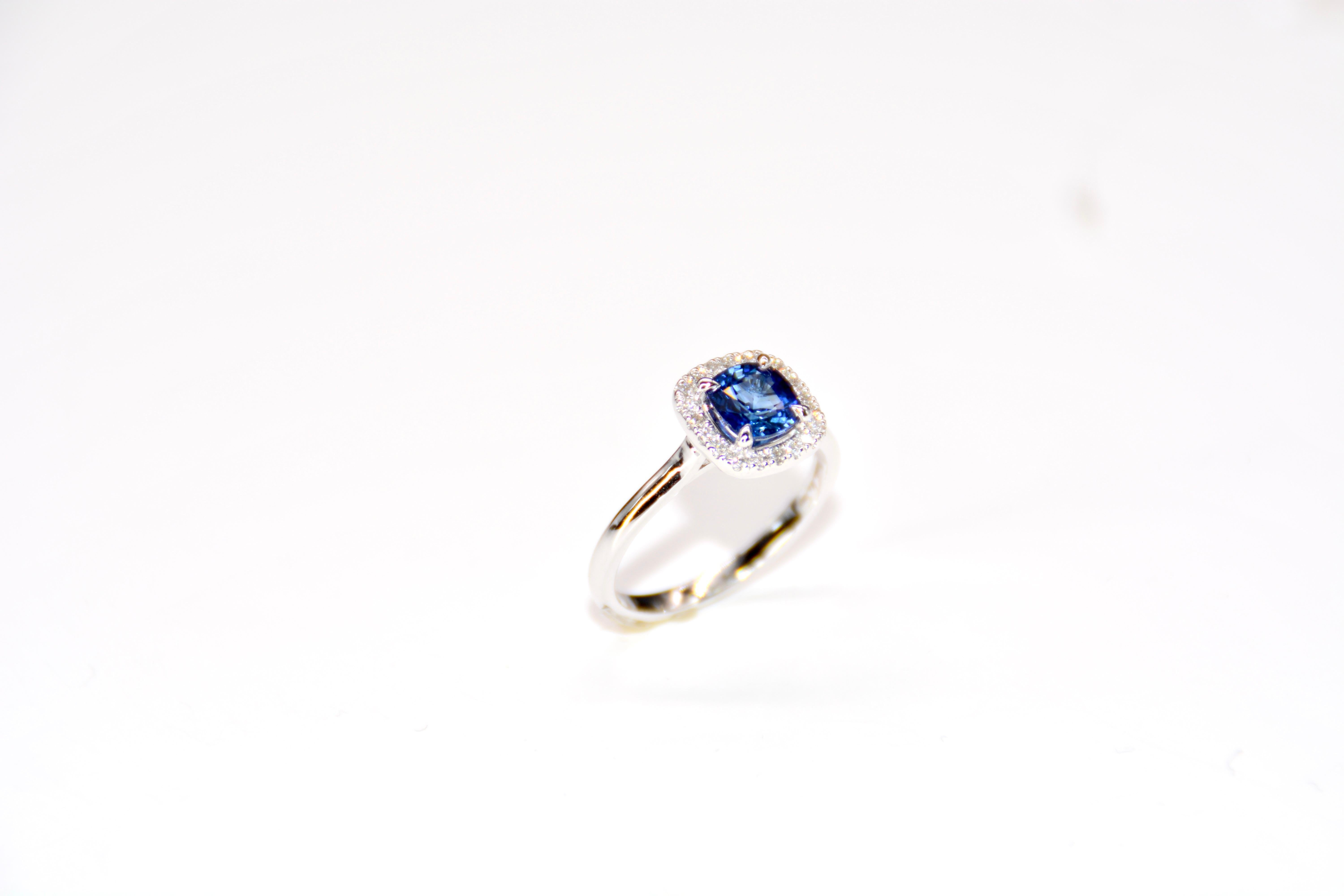 Baroque French Engagement Ring Sapphire Diamonds White Gold For Sale
