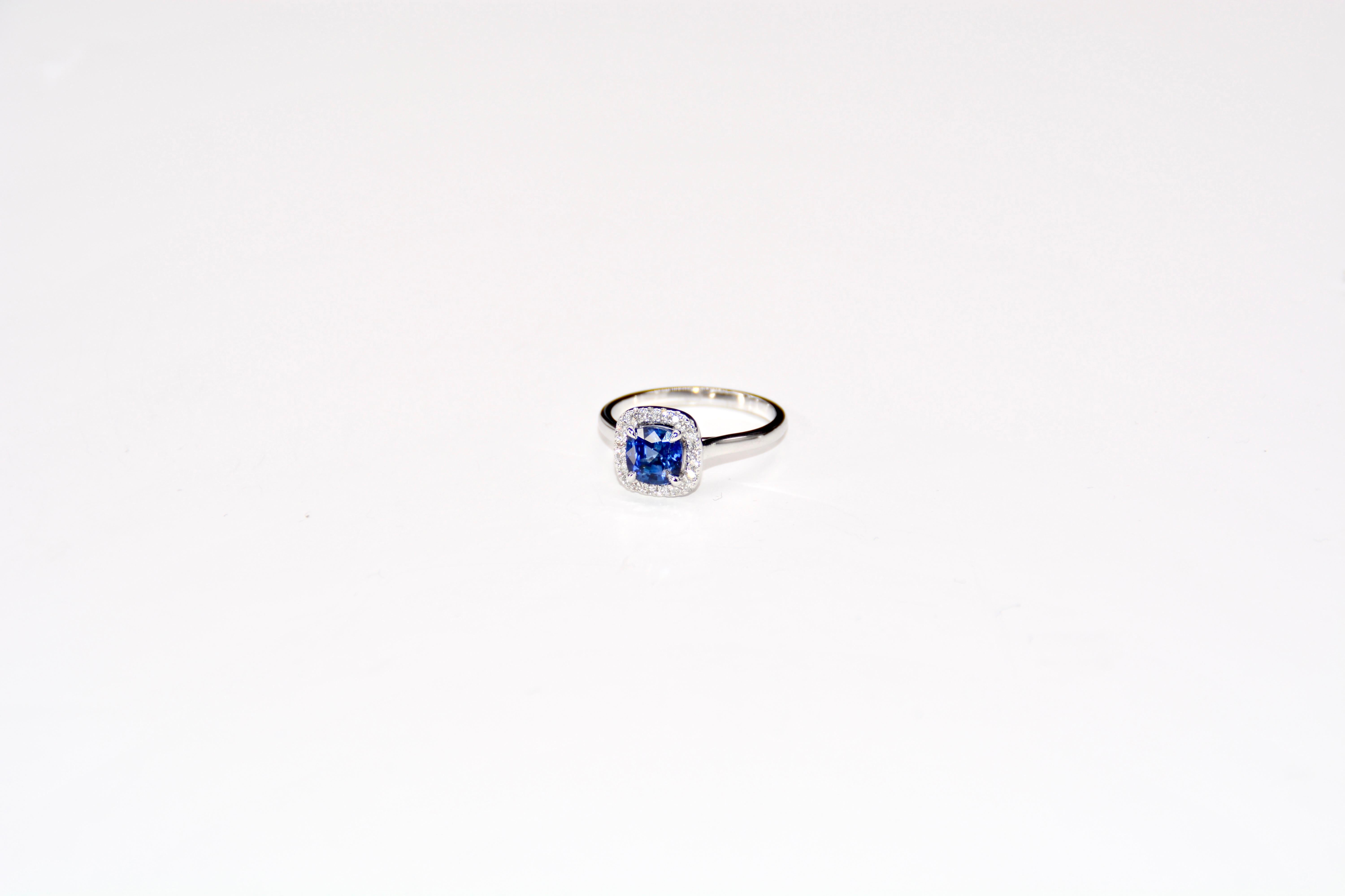 Women's French Engagement Ring Sapphire Diamonds White Gold For Sale