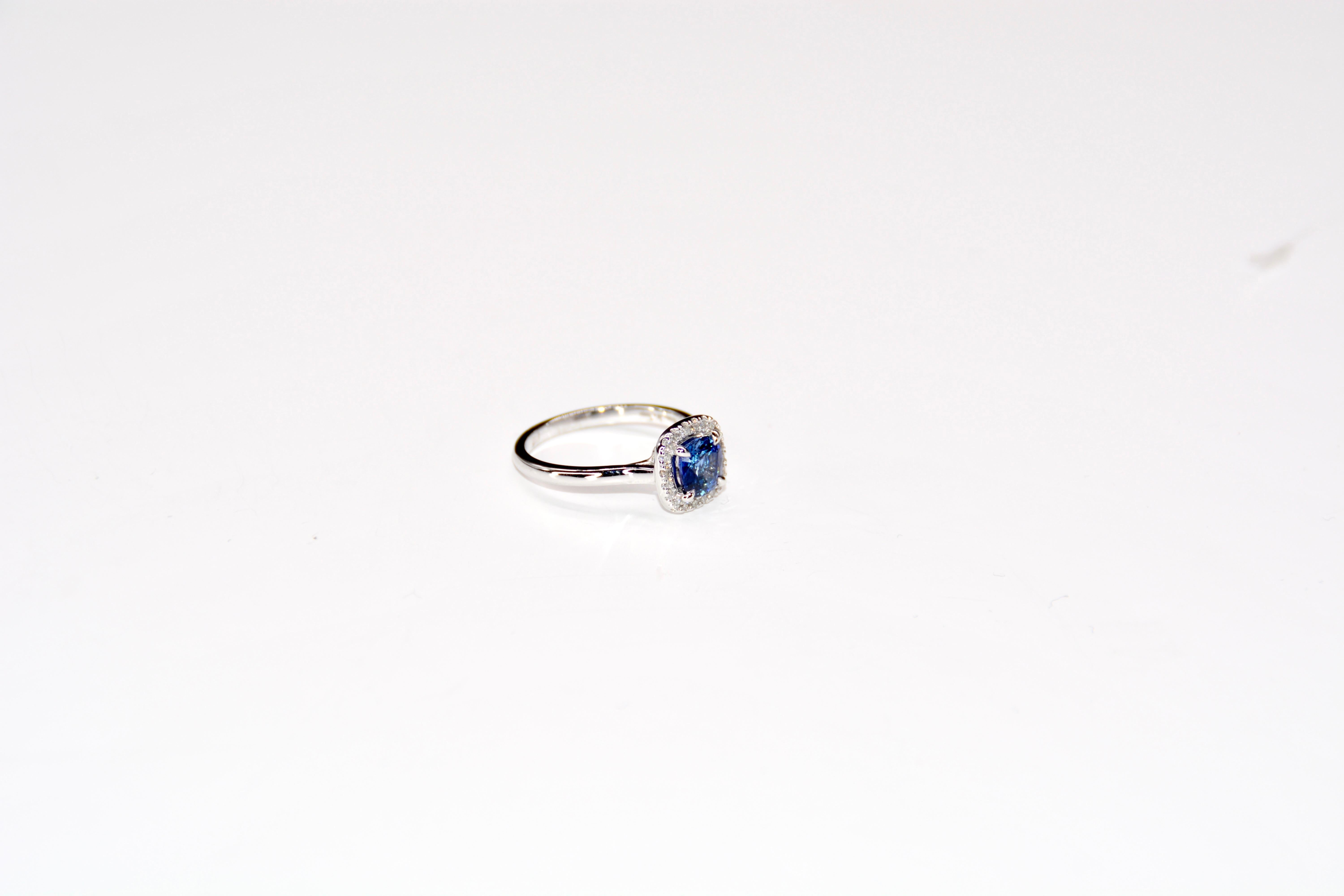 French Engagement Ring Sapphire Diamonds White Gold For Sale 1
