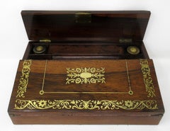 French English Rosewood Brass Inlaid Boulle Writing Slope Box Desk 19th Century