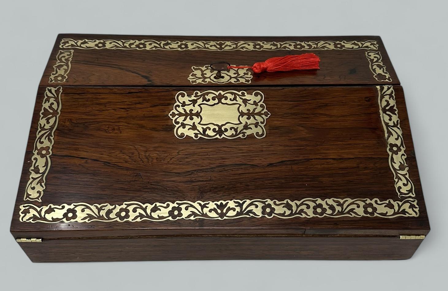 Regency Antique French English Rosewood Brass Inlaid Boulle Writing Slope Box Desk 19thC en vente