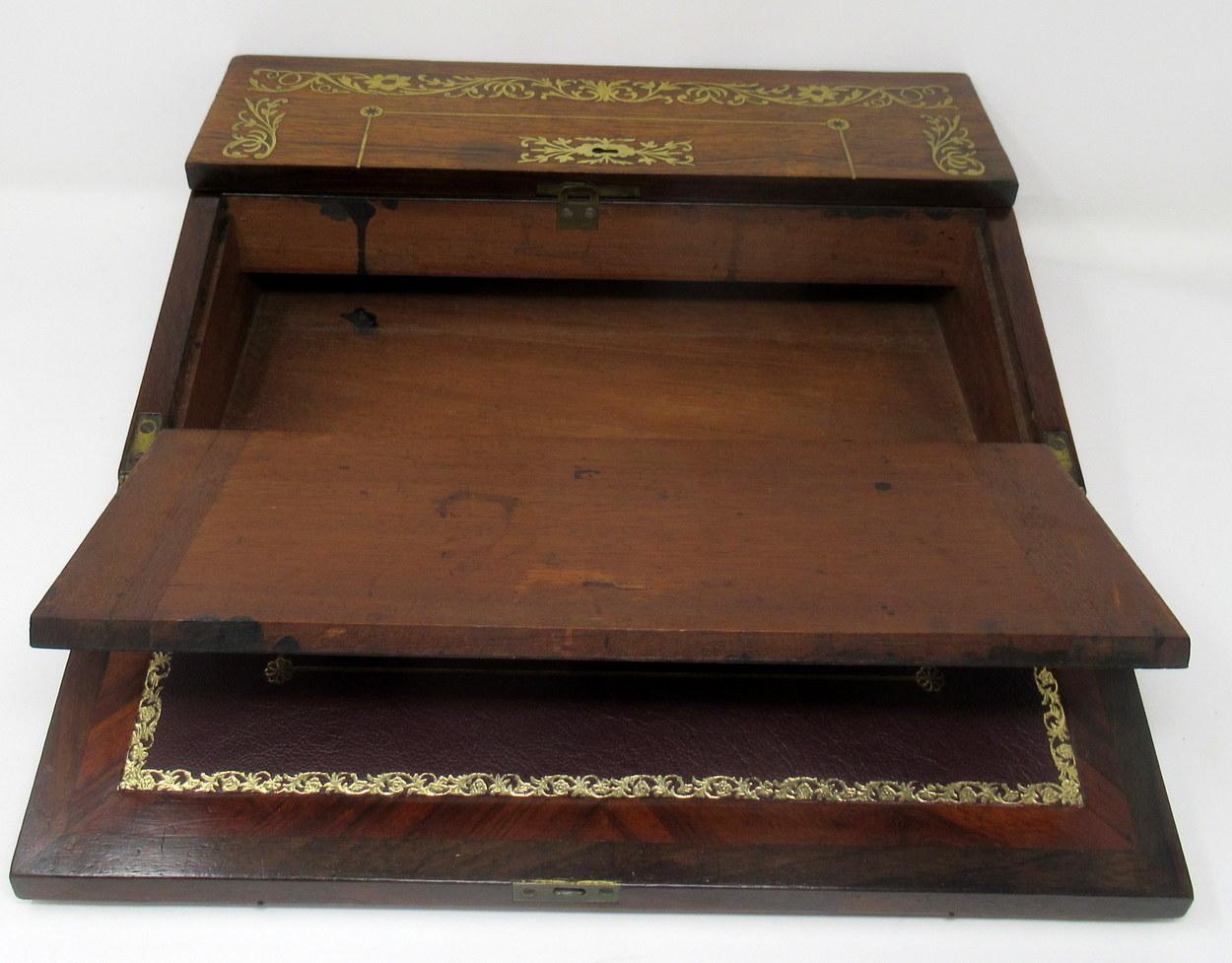 Polished French English Rosewood Brass Inlaid Boulle Writing Slope Box Desk, 19th Century