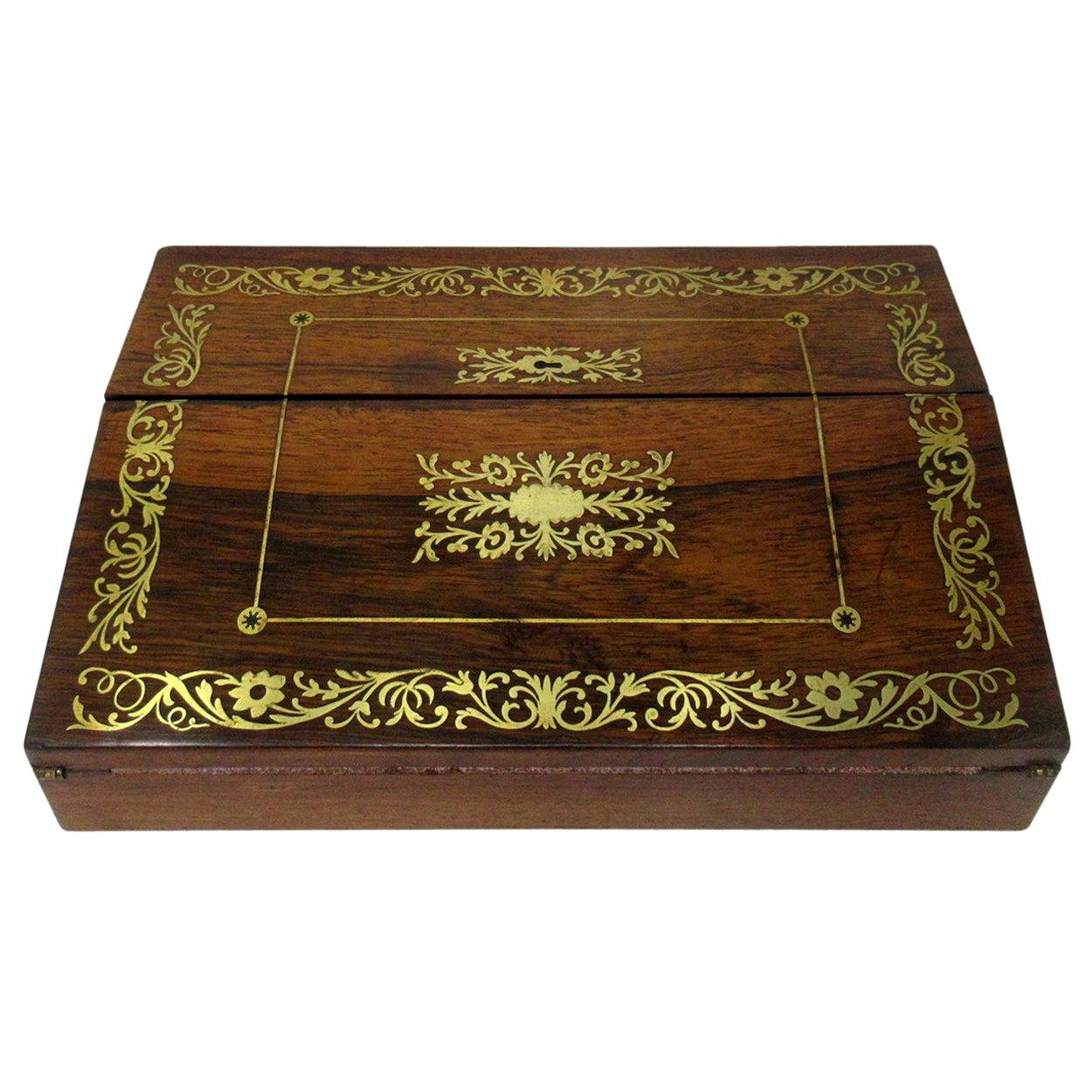 French English Rosewood Brass Inlaid Boulle Writing Slope Box Desk, 19th Century