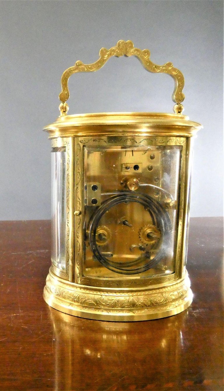 Late 19th Century French Engraved Oval Repeating Carriage Clock by Le Roy, Paris For Sale