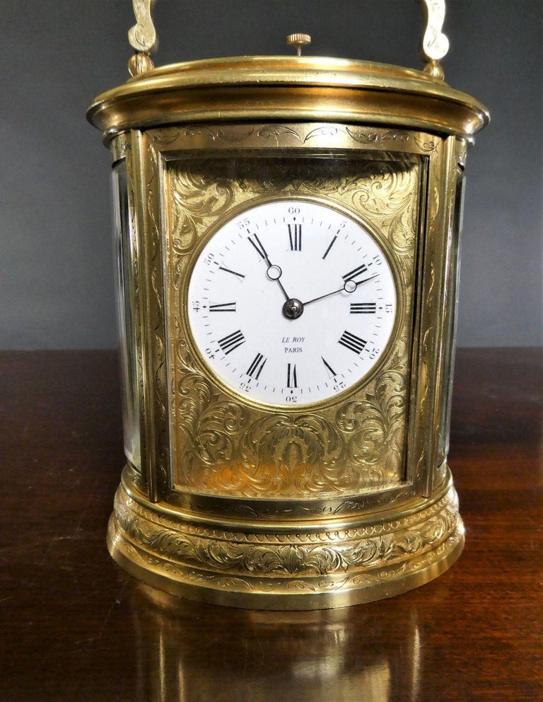 French Engraved Oval Repeating Carriage Clock by Le Roy, Paris For Sale 2