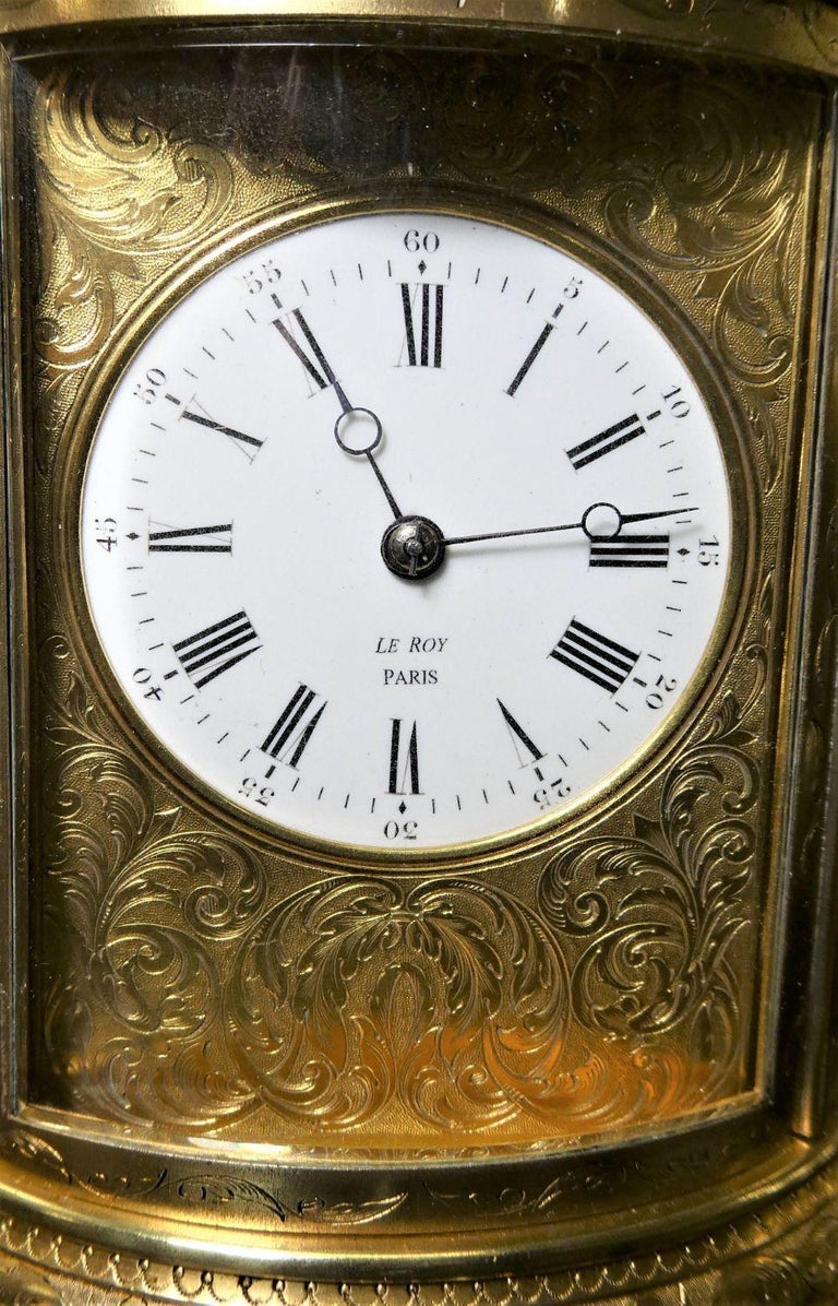 French Engraved Oval Repeating Carriage Clock by Le Roy, Paris For Sale 3