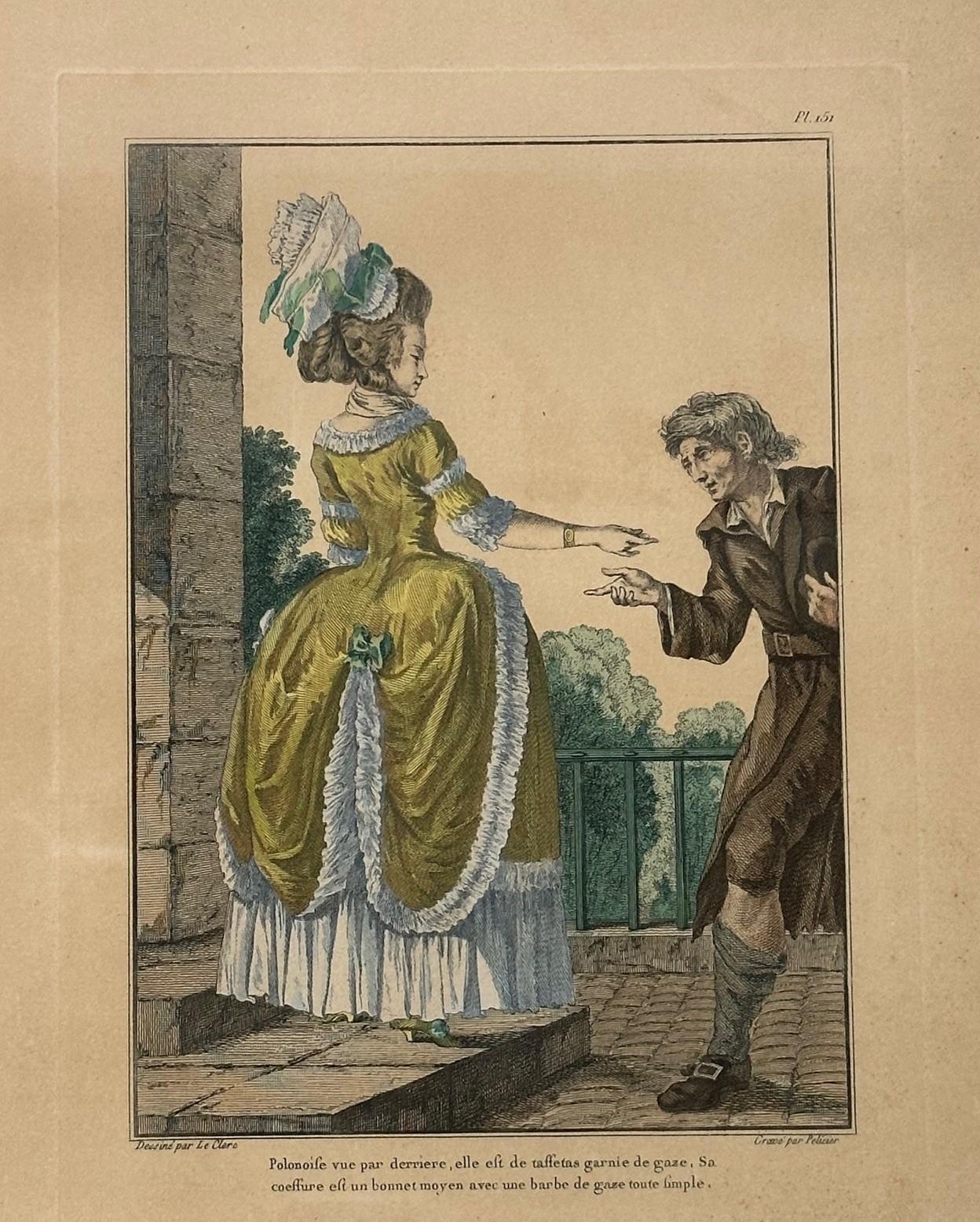 Handkolorierte Galerie des Modes Kostüme Francais mit französischer Gravur, 1779.

Seltener antiker französischer Modedruck, handkoloriert, zuerst in Paris 1779 veröffentlicht. Die Kompositionen orientierten sich an den modischsten Kleidungsstücken