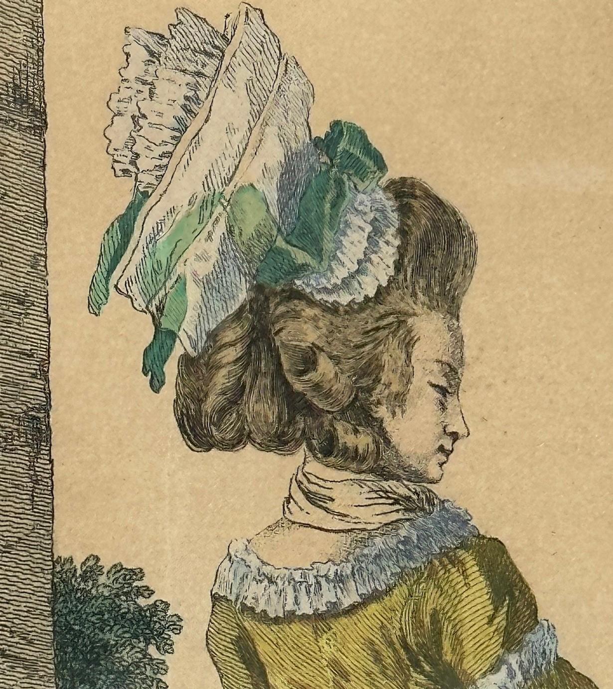 French Engraving Hand Colored Galerie des Modes Costumes Francais, 1779. In Good Condition For Sale In Vero Beach, FL