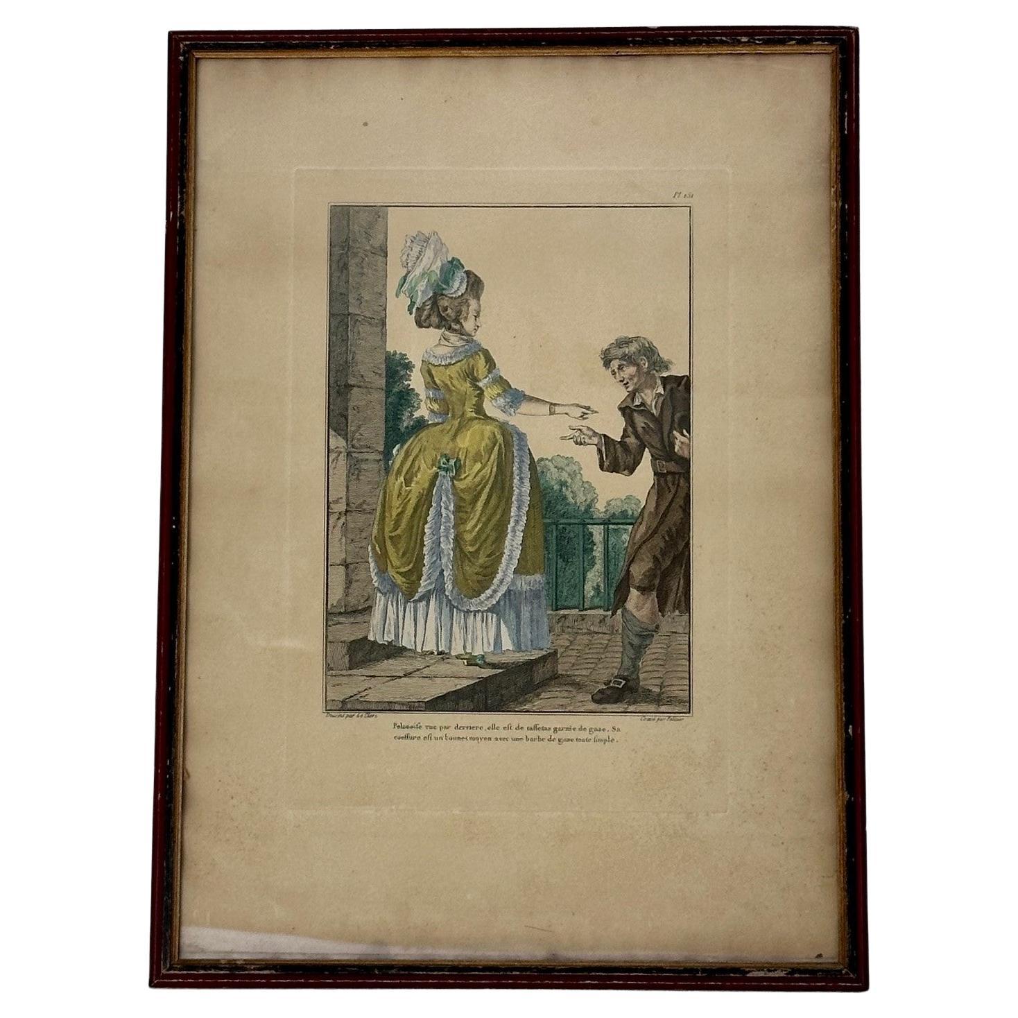 French Engraving Hand Colored Galerie des Modes Costumes Francais, 1779. For Sale