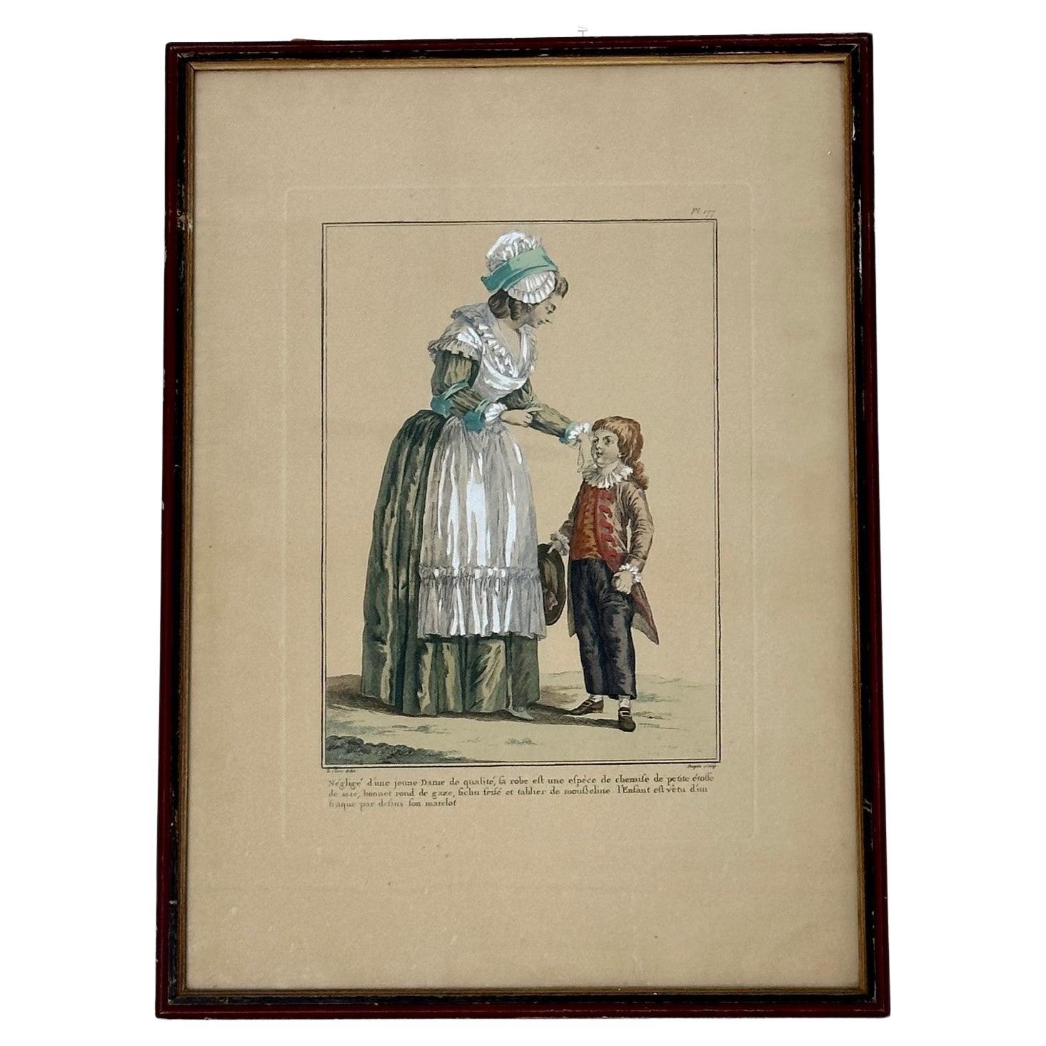 French Engraving Hand Colored Galerie des Modes Costumes Francais, 1779 For Sale