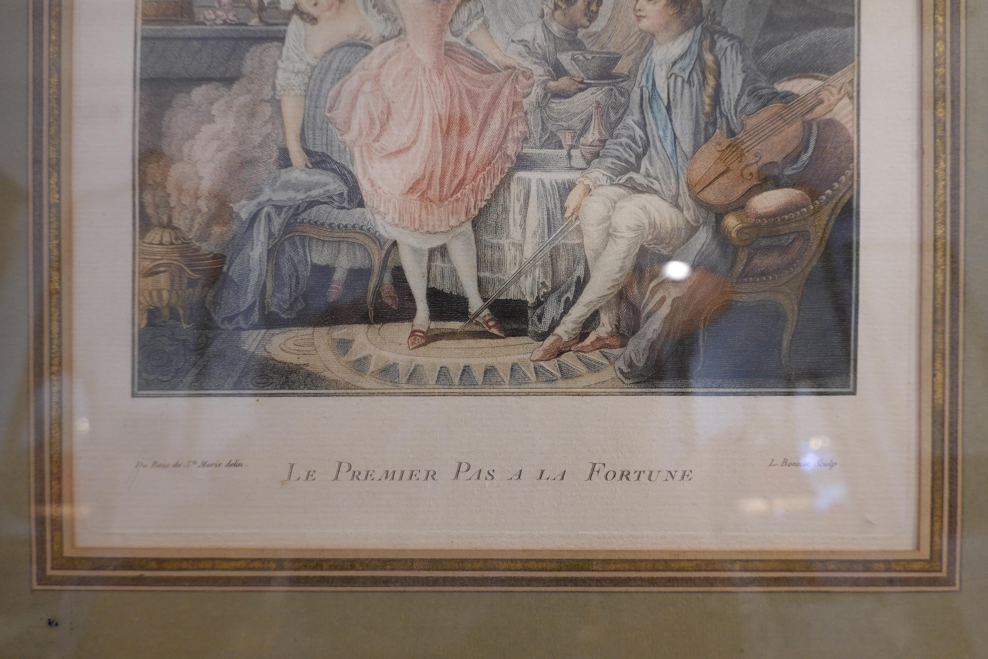 Französische französische Gravur, „Le Premier Pas a la Fortune“ in vergoldetem Rahmen (Vergoldetes Holz) im Angebot