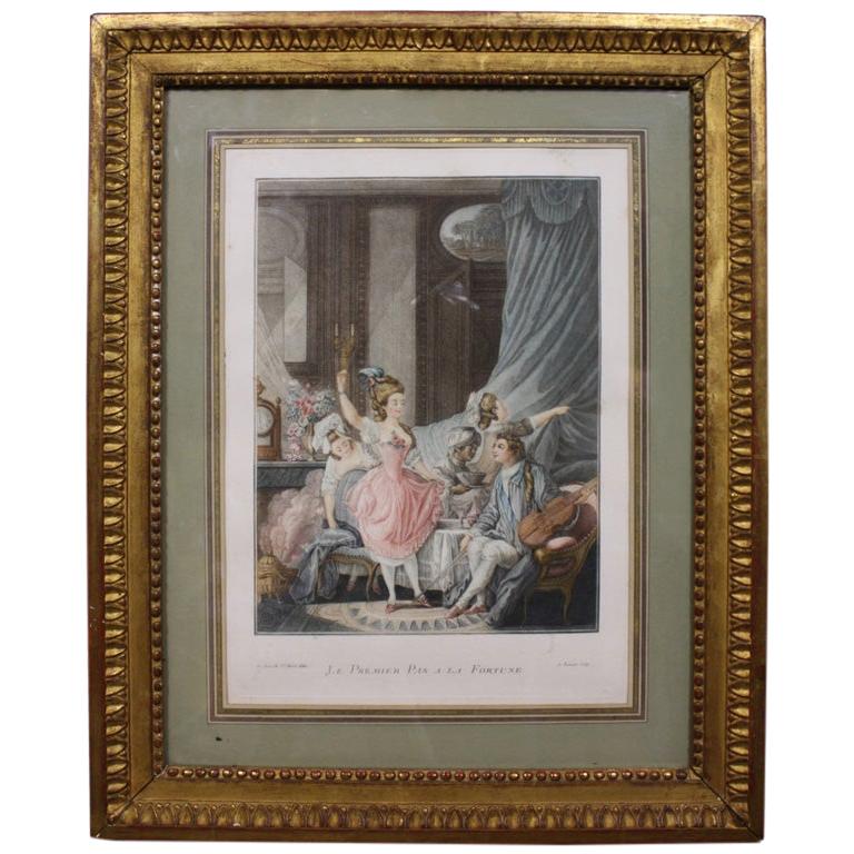 French Engraving, "Le Premier Pas a la Fortune" in Gilded Frame