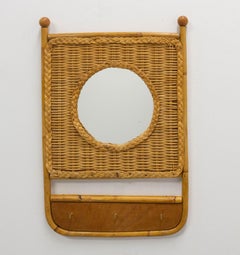 French Entry Hall Mirror Key Holder Rattan & Bamboo, circa 1950