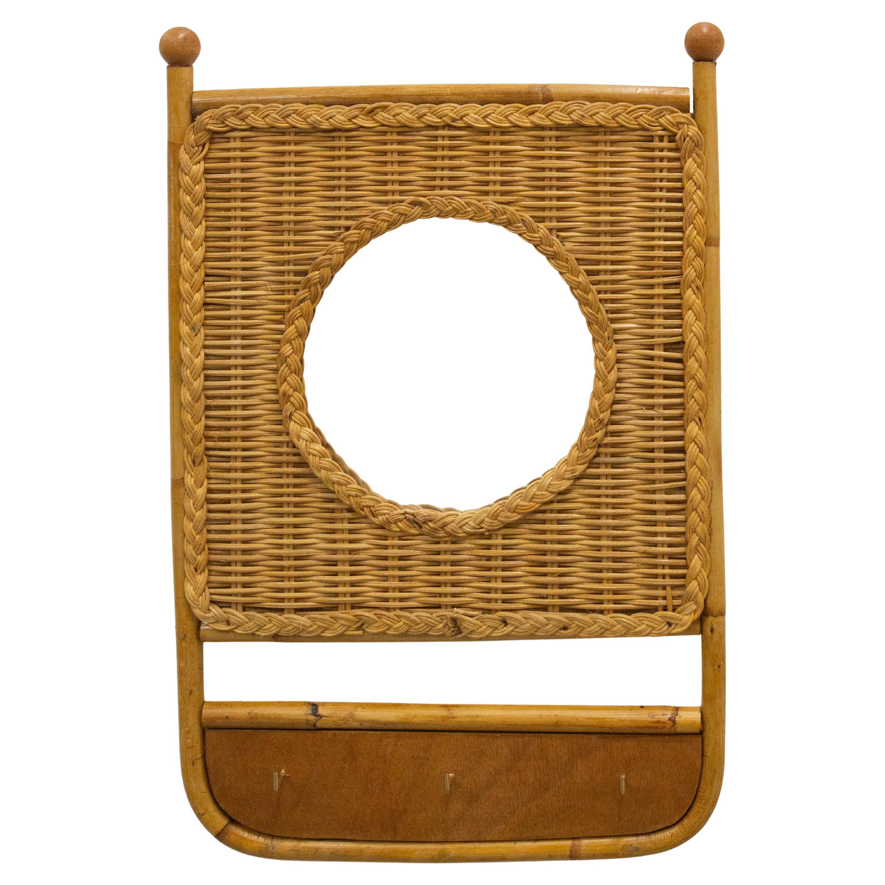 French Entry Hall Mirror Key Holder Rattan & Bamboo, circa 1950
