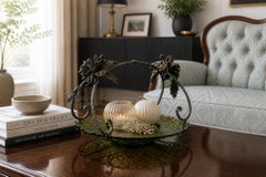 French Epergne, Green Glass & Metal, Rose Motif, 20th Century Design